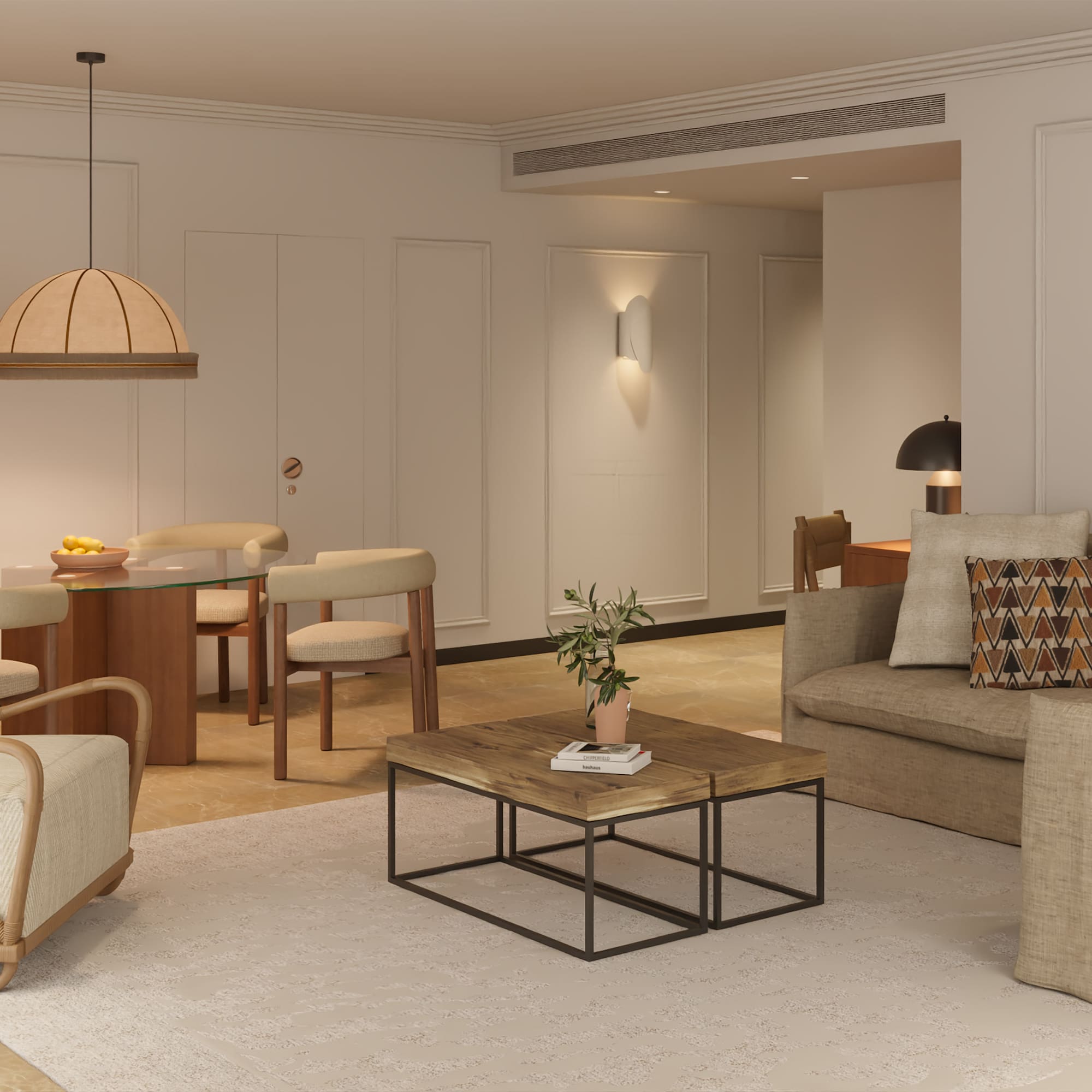 a living room with a couch and a table