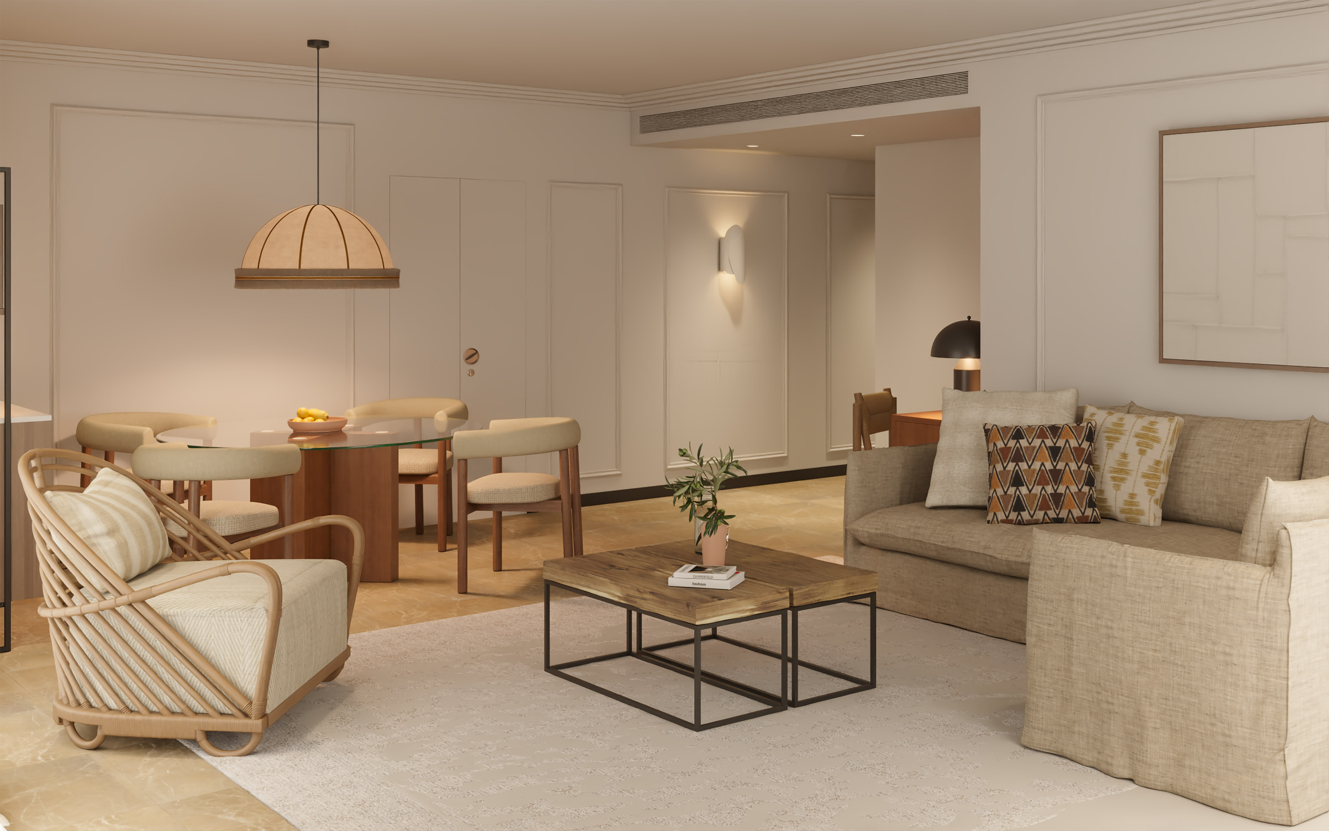 a living room with a couch and a table