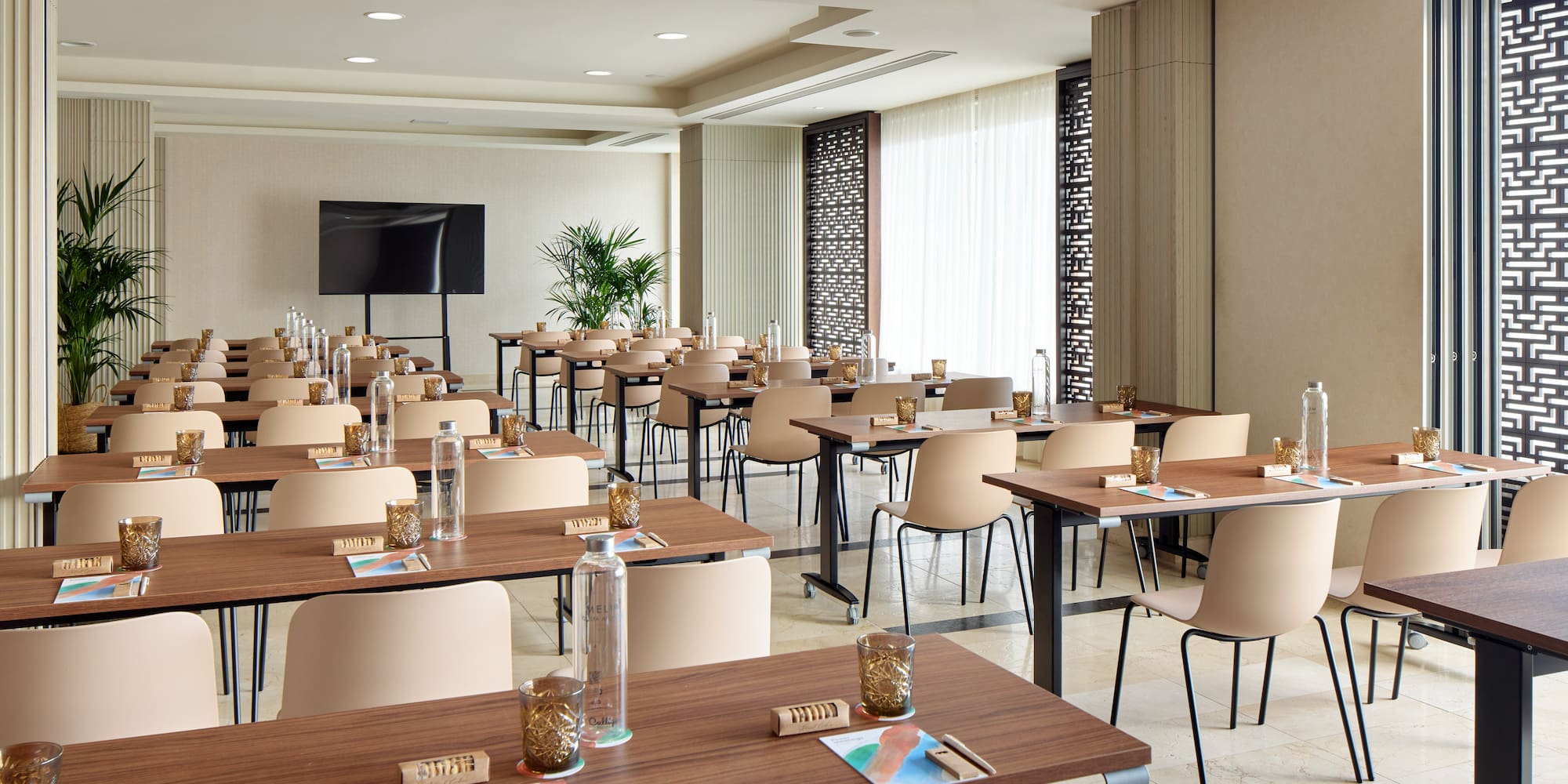 a room with tables and chairs