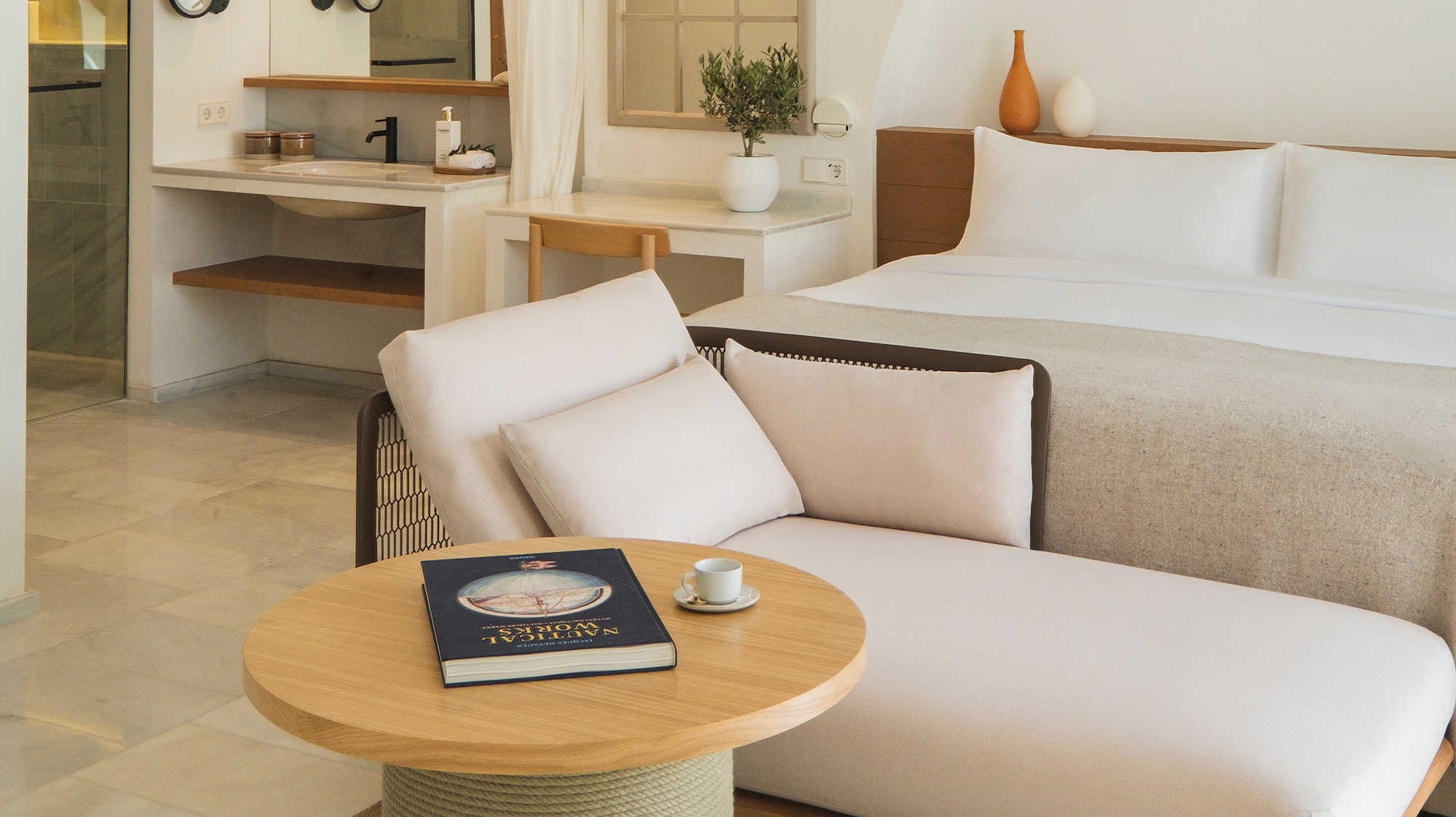 a room with a bed and a table