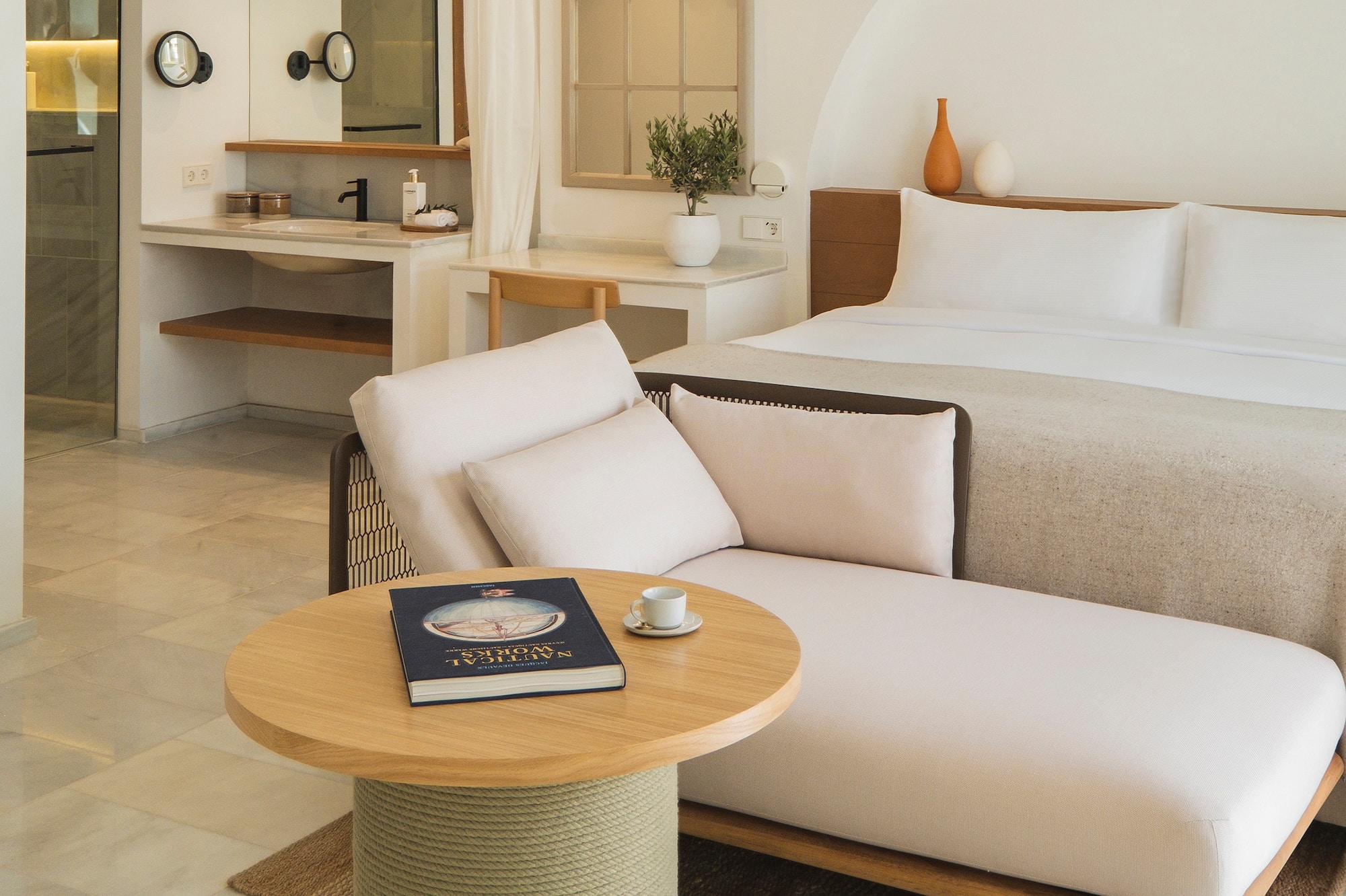 a room with a bed and a table