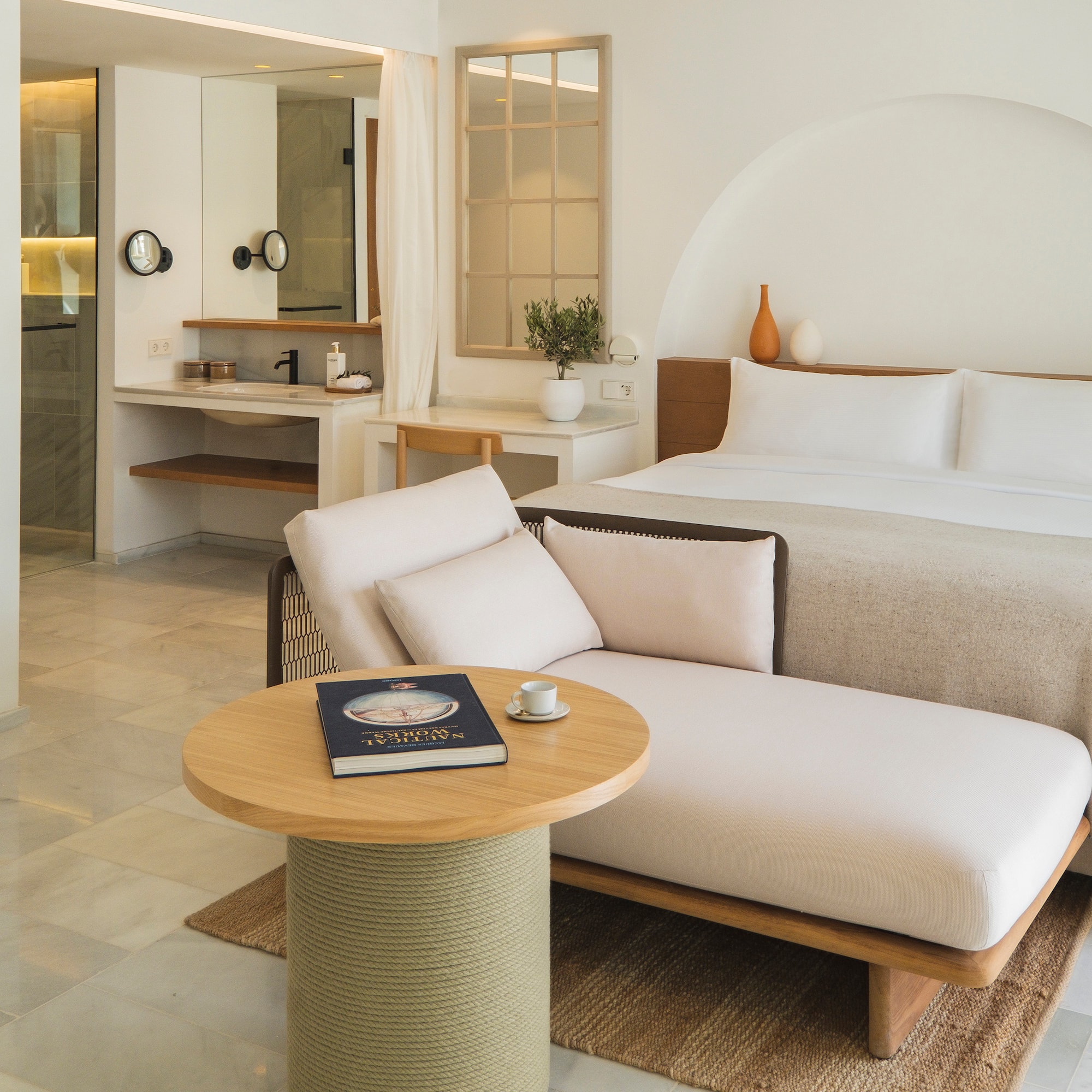 a room with a bed and a table