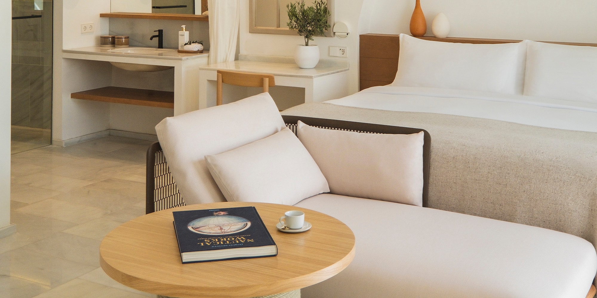 a room with a bed and a table