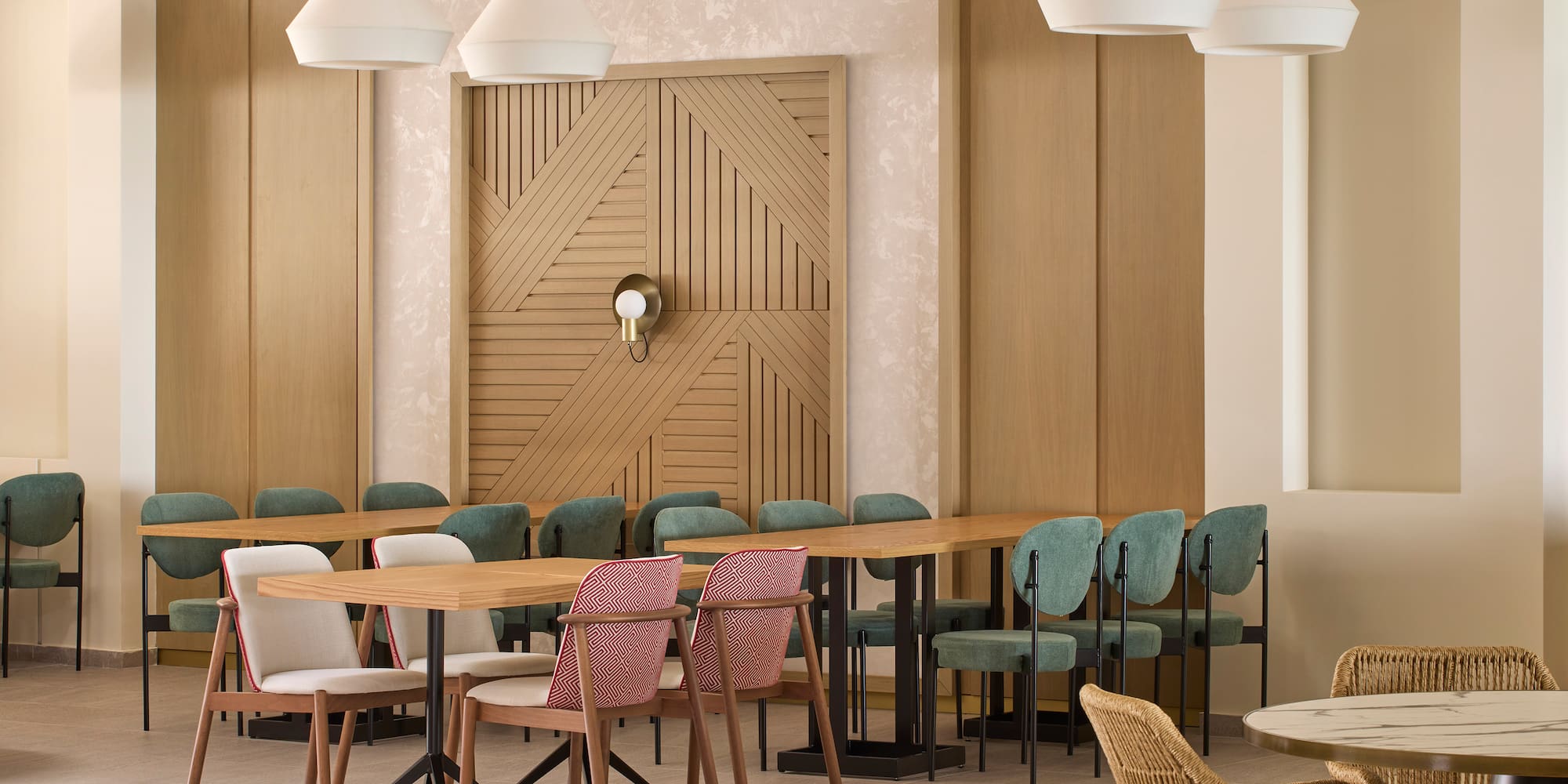 a room with a table and chairs