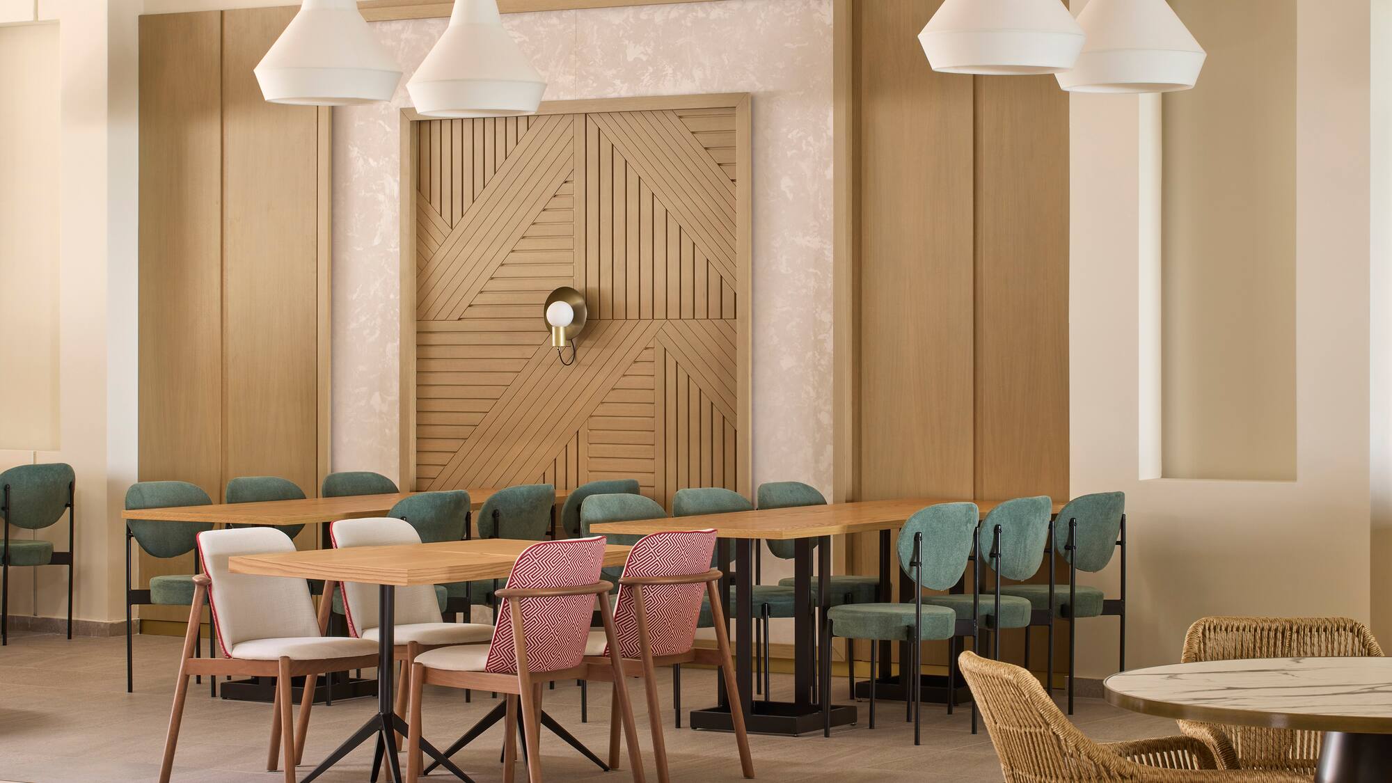 a room with a table and chairs