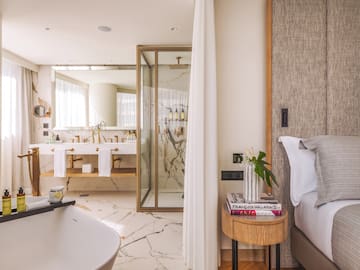a bathroom with a bathtub and a shower