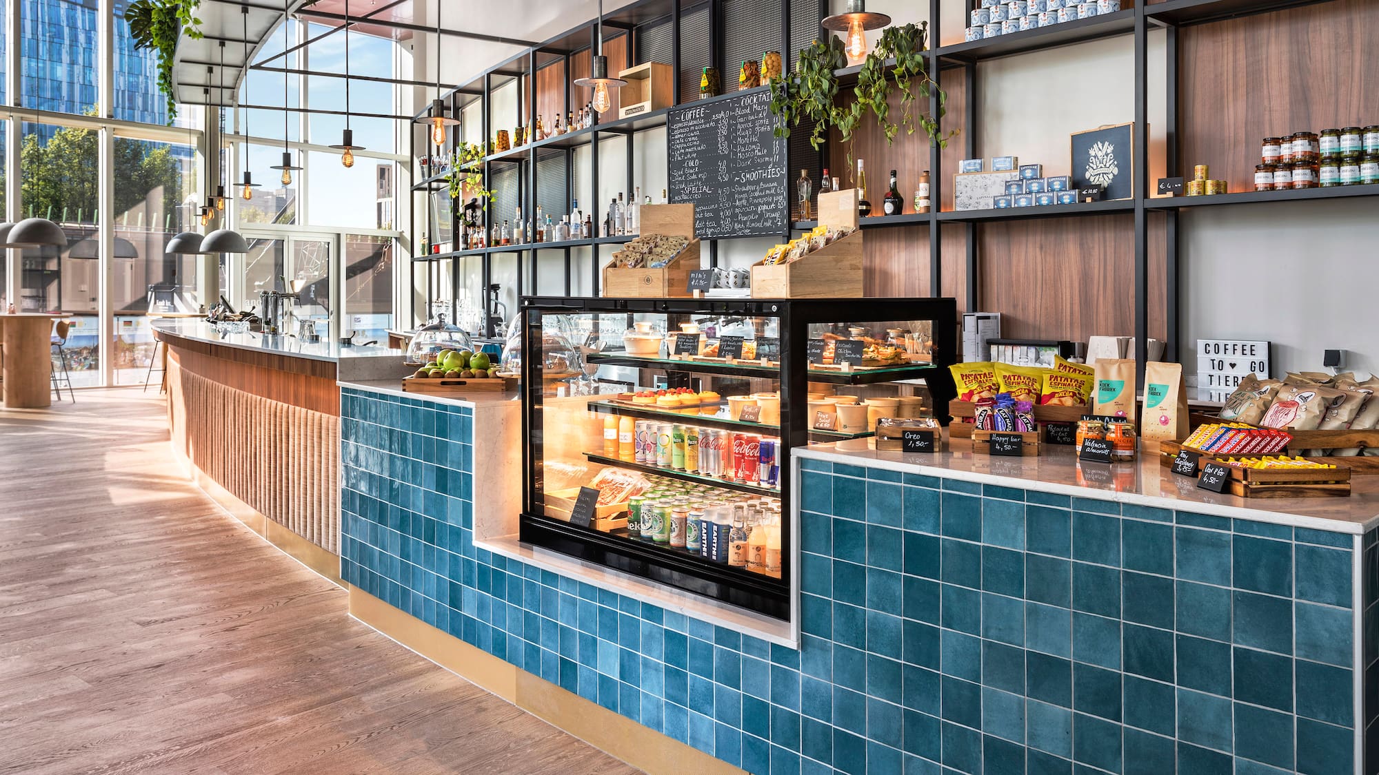 a counter with drinks and beverages on it