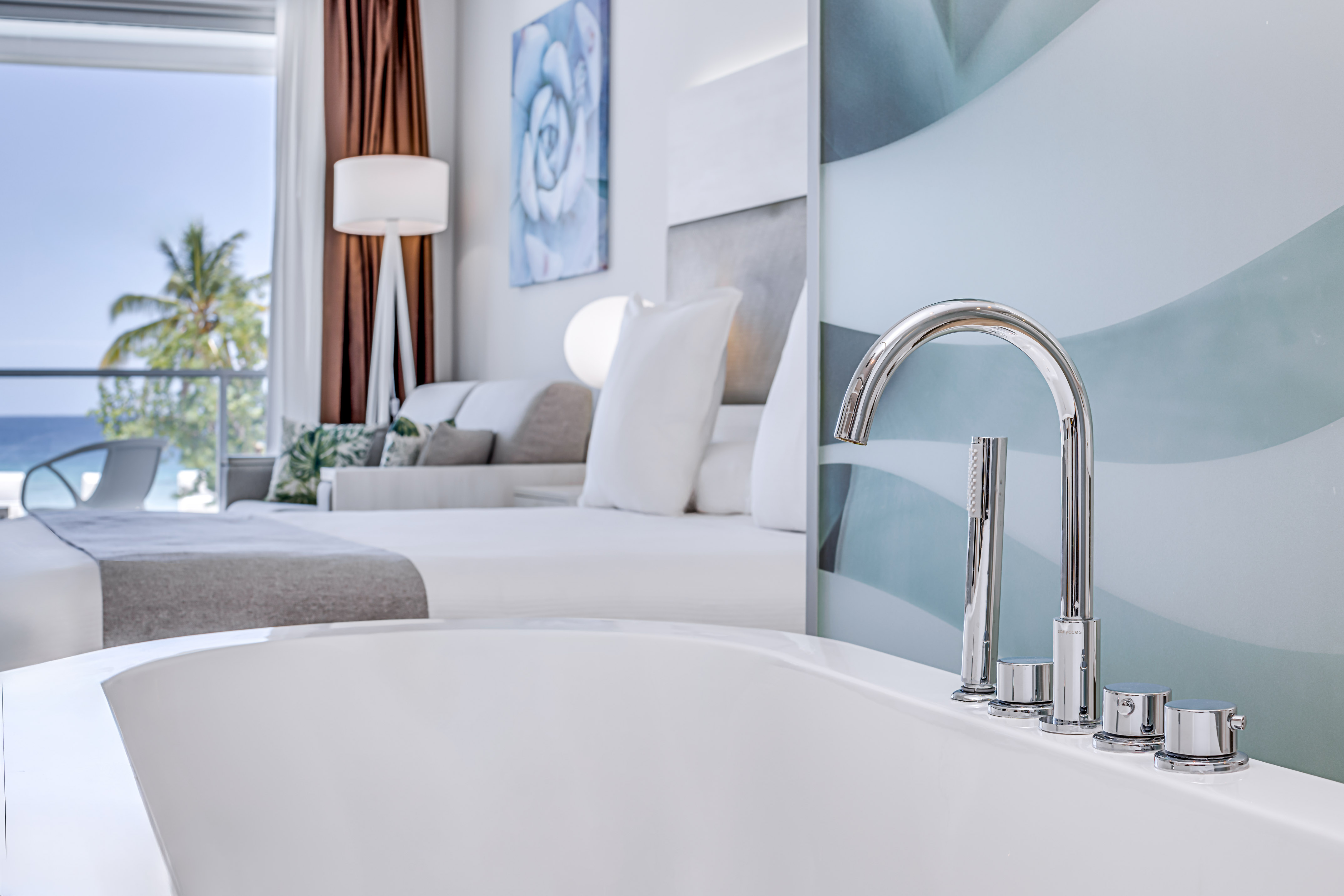 a bathtub in a hotel room