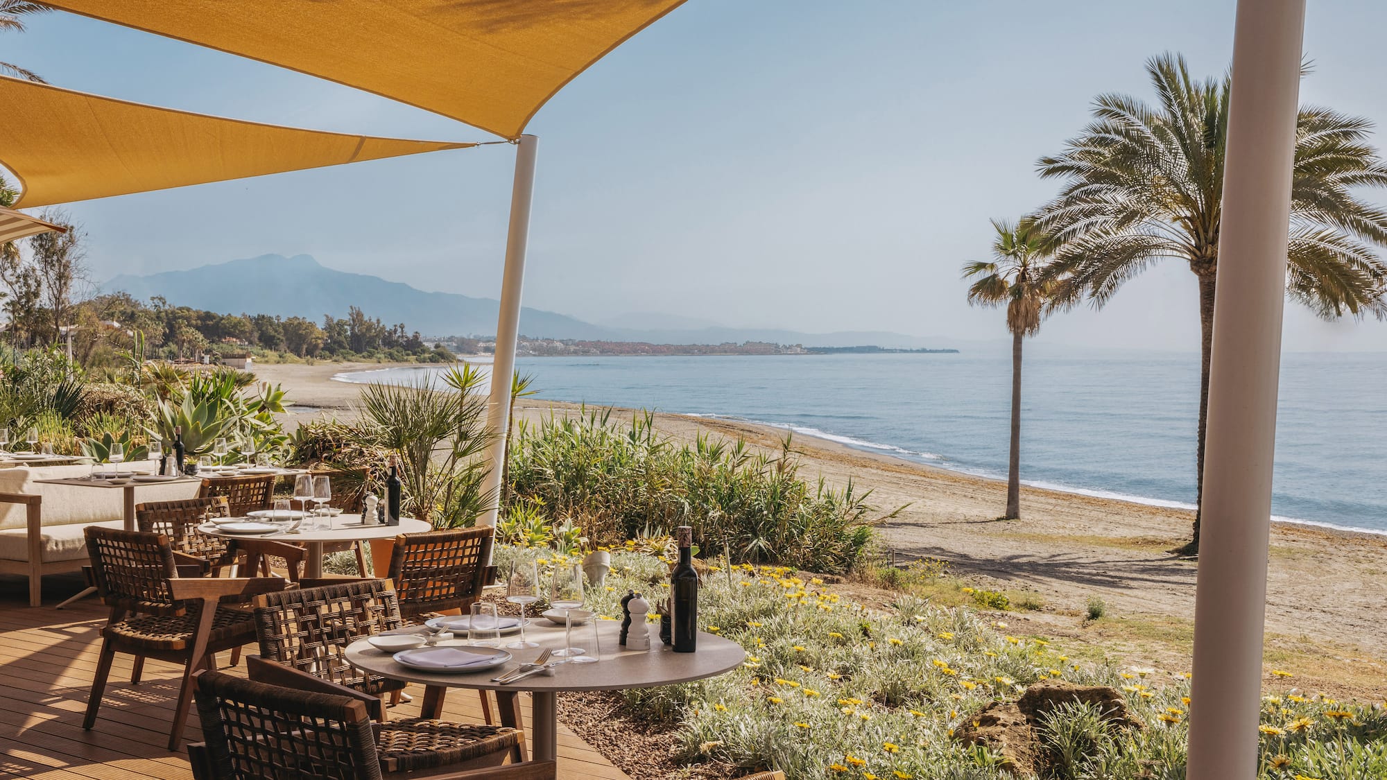 Beachfront restaurant outdoor tables with ocean view, palm trees, and mountains.