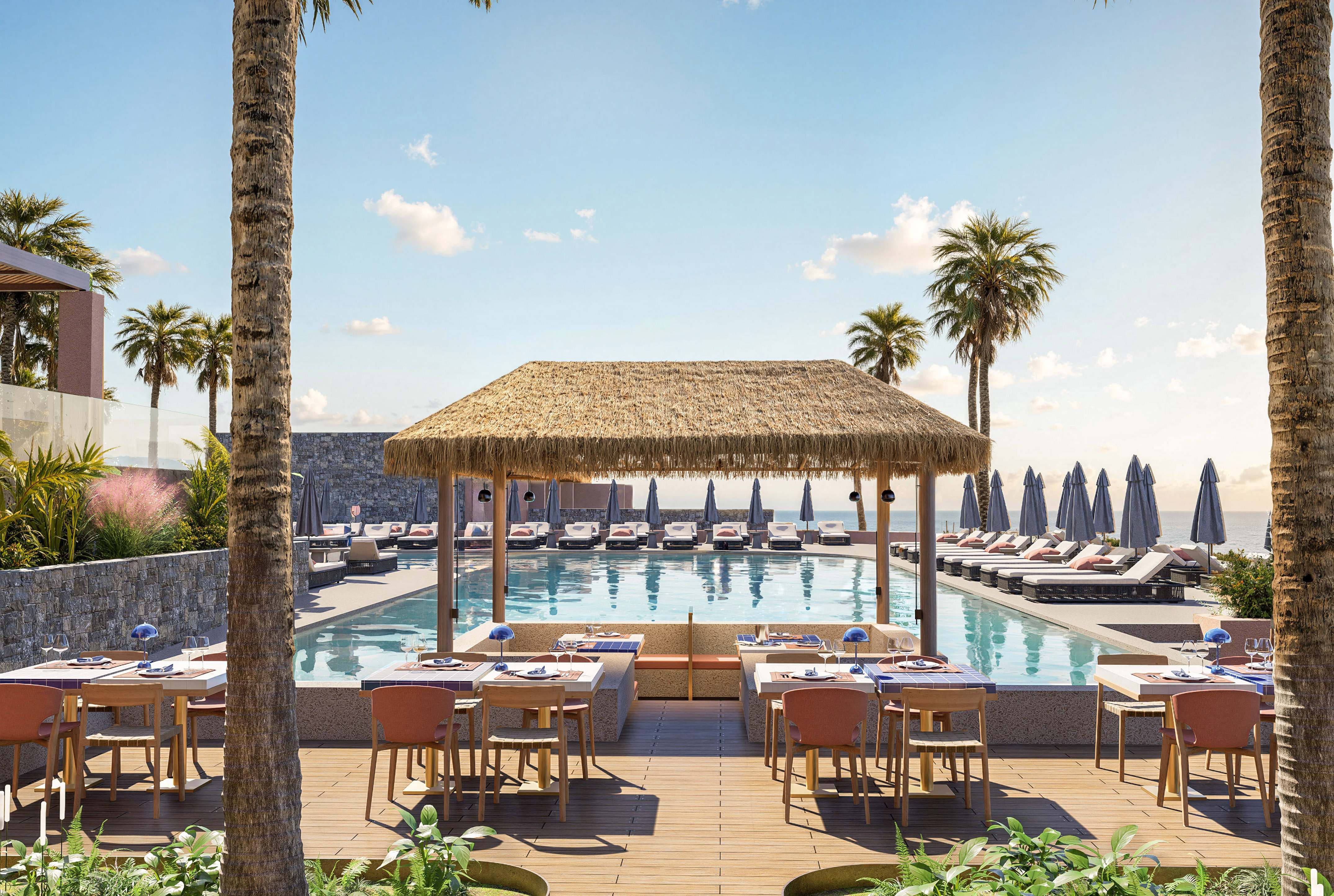 a pool with tables and chairs