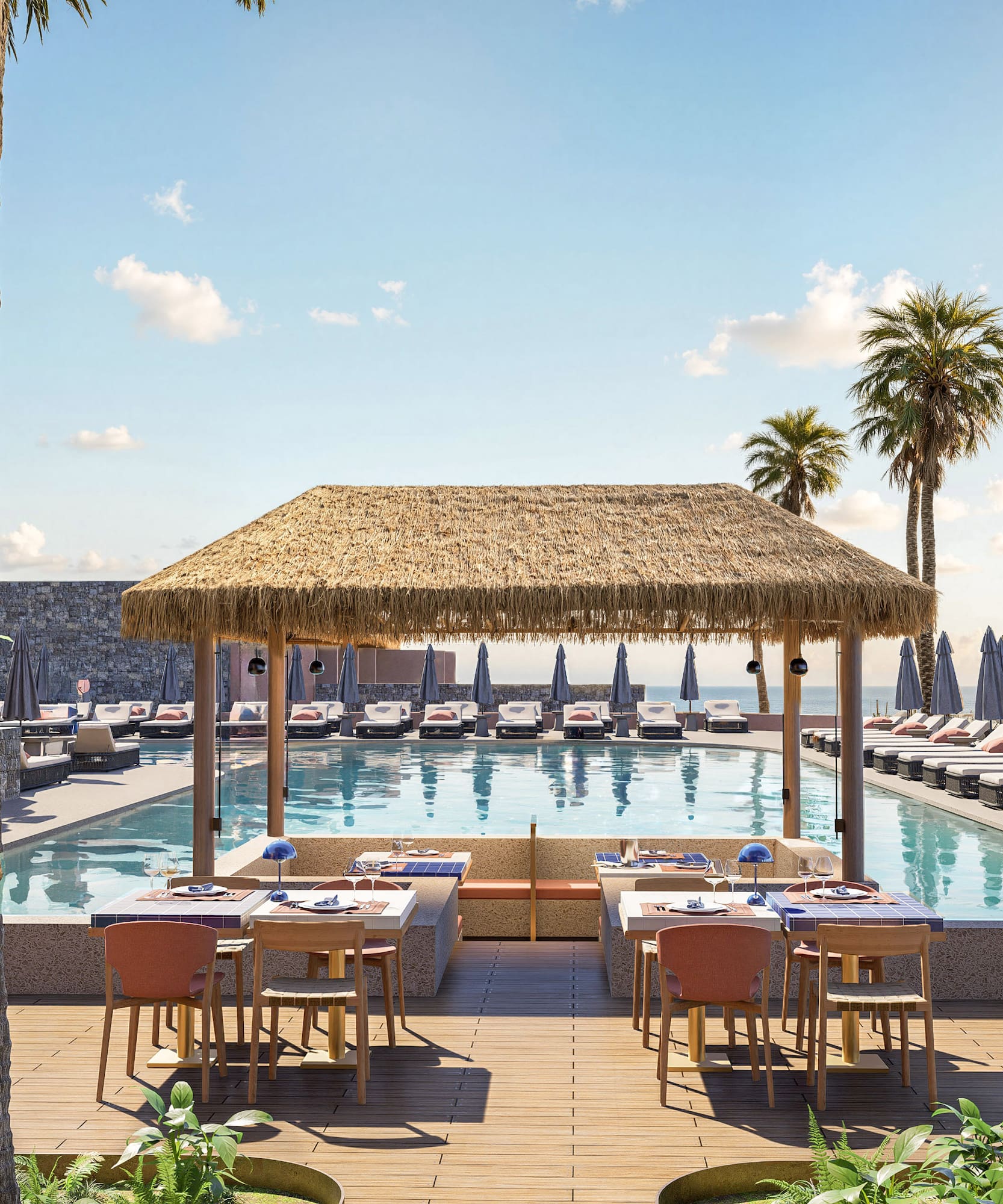 a pool with tables and chairs