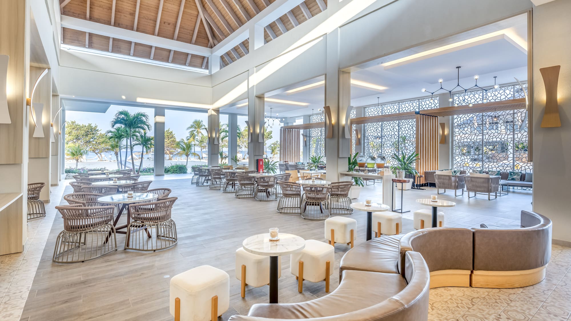 a large room with tables and chairs