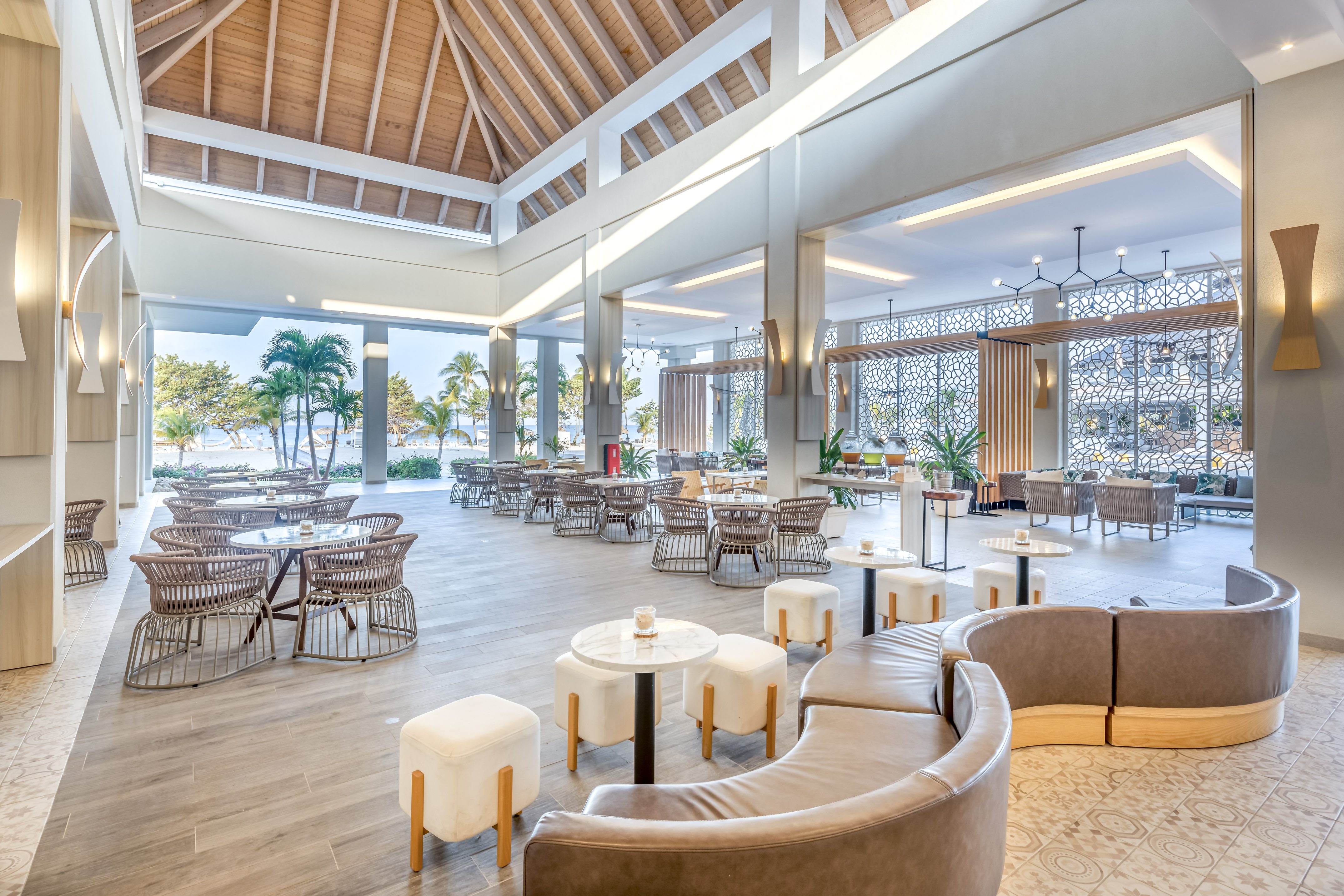 a large room with tables and chairs