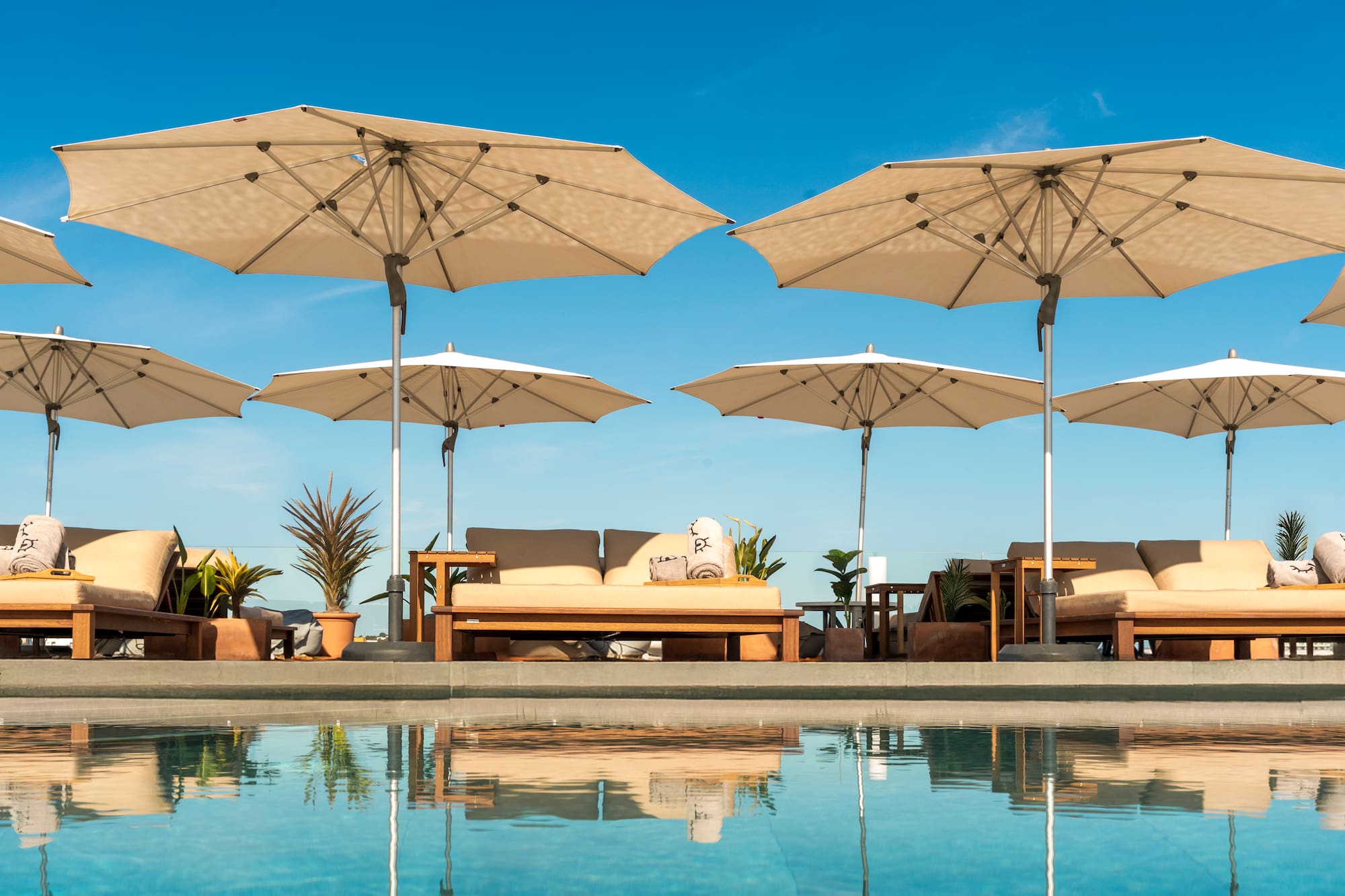 a pool with umbrellas and chairs