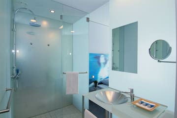a bathroom with a glass shower