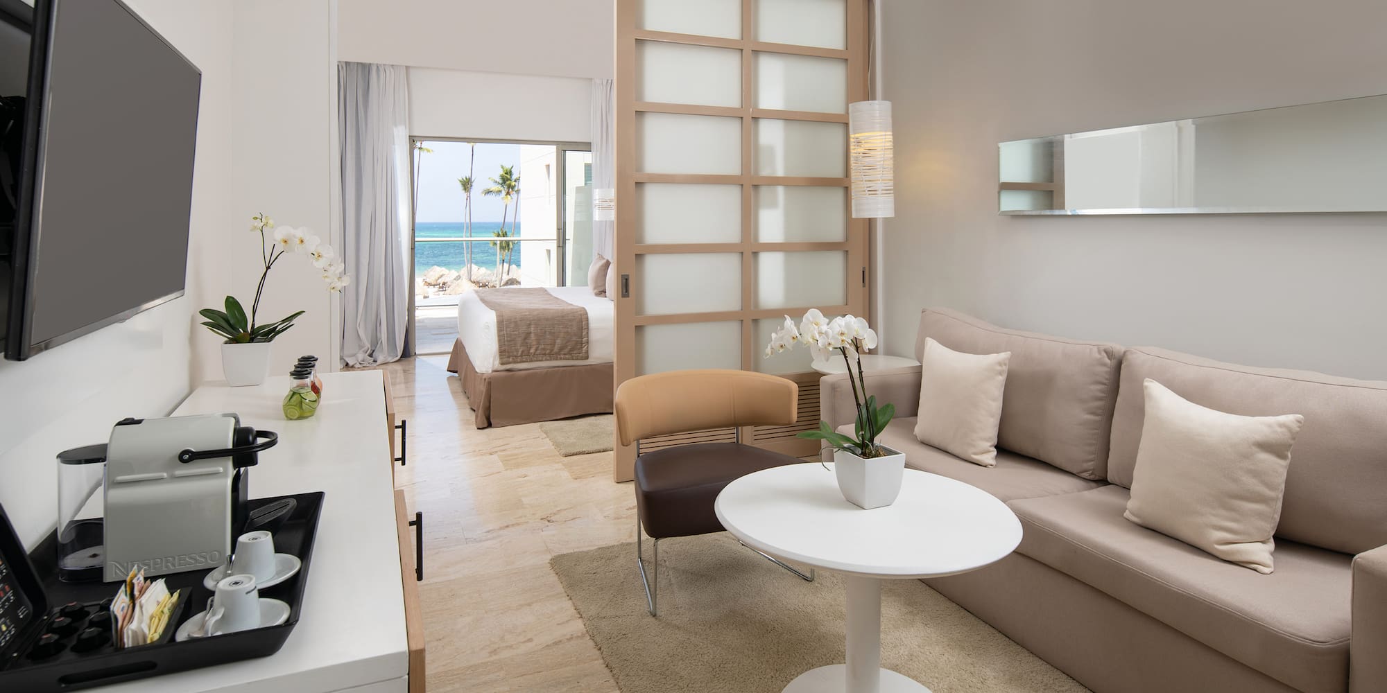 a room with a couch and a table