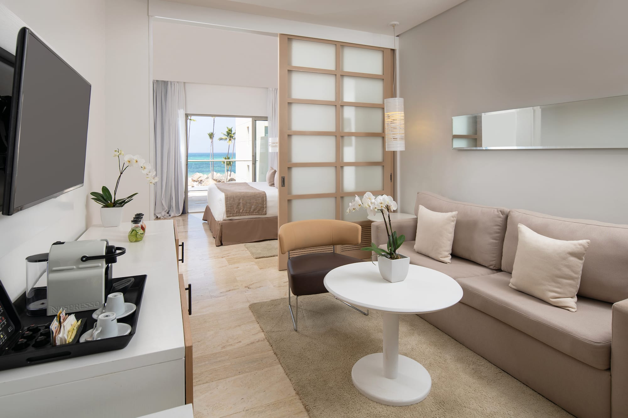 a room with a couch and a table