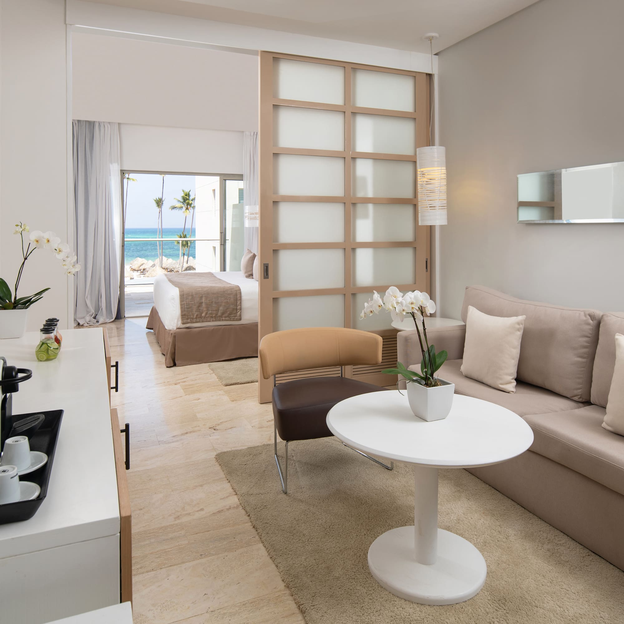 a room with a couch and a table