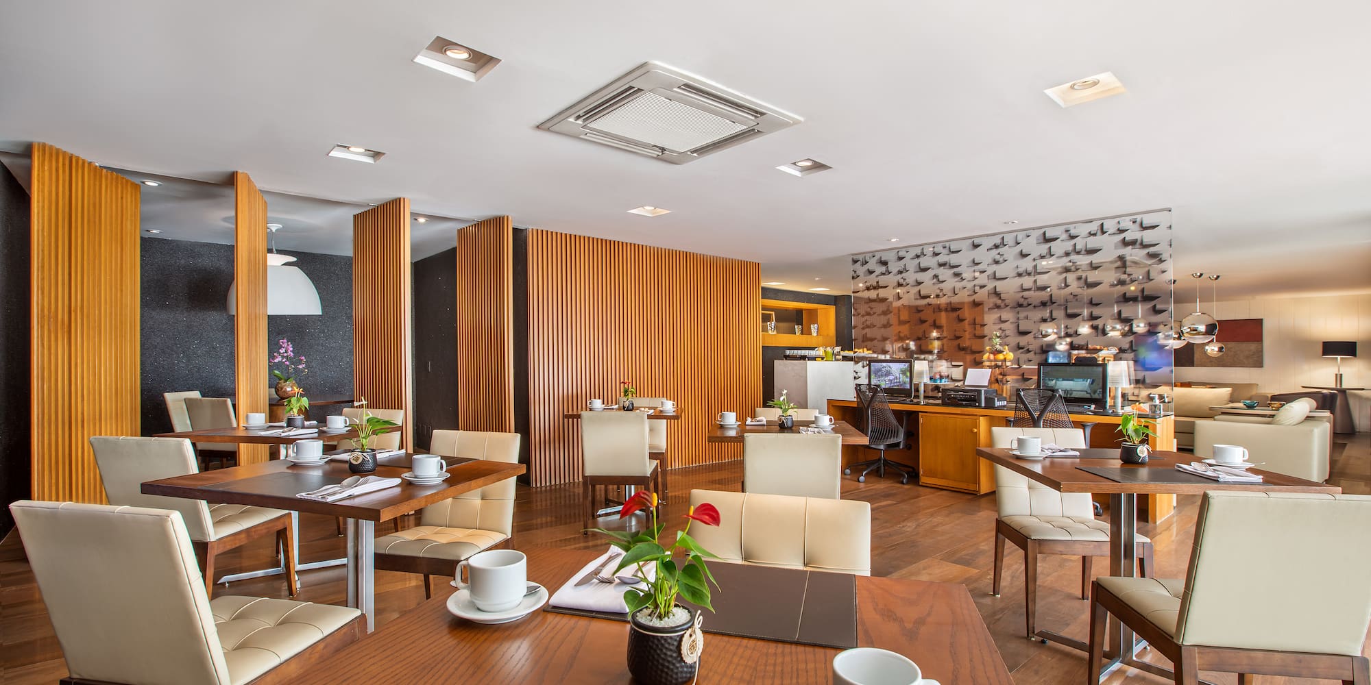 a room with tables and chairs