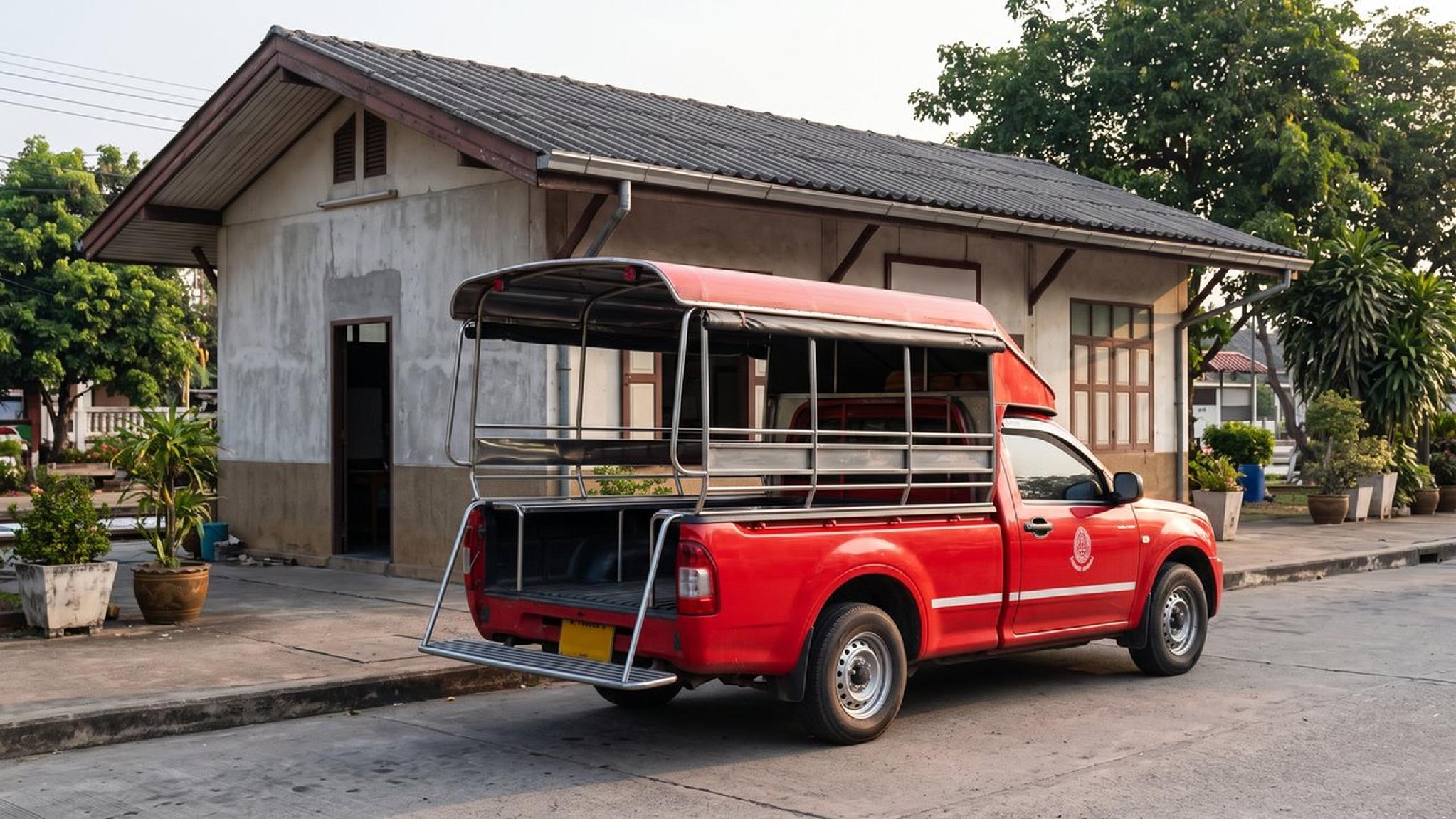 Red songthaew pickup truck parked outside a traditional Thai building.