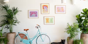 a blue bicycle next to a black panther lying on a wood floor