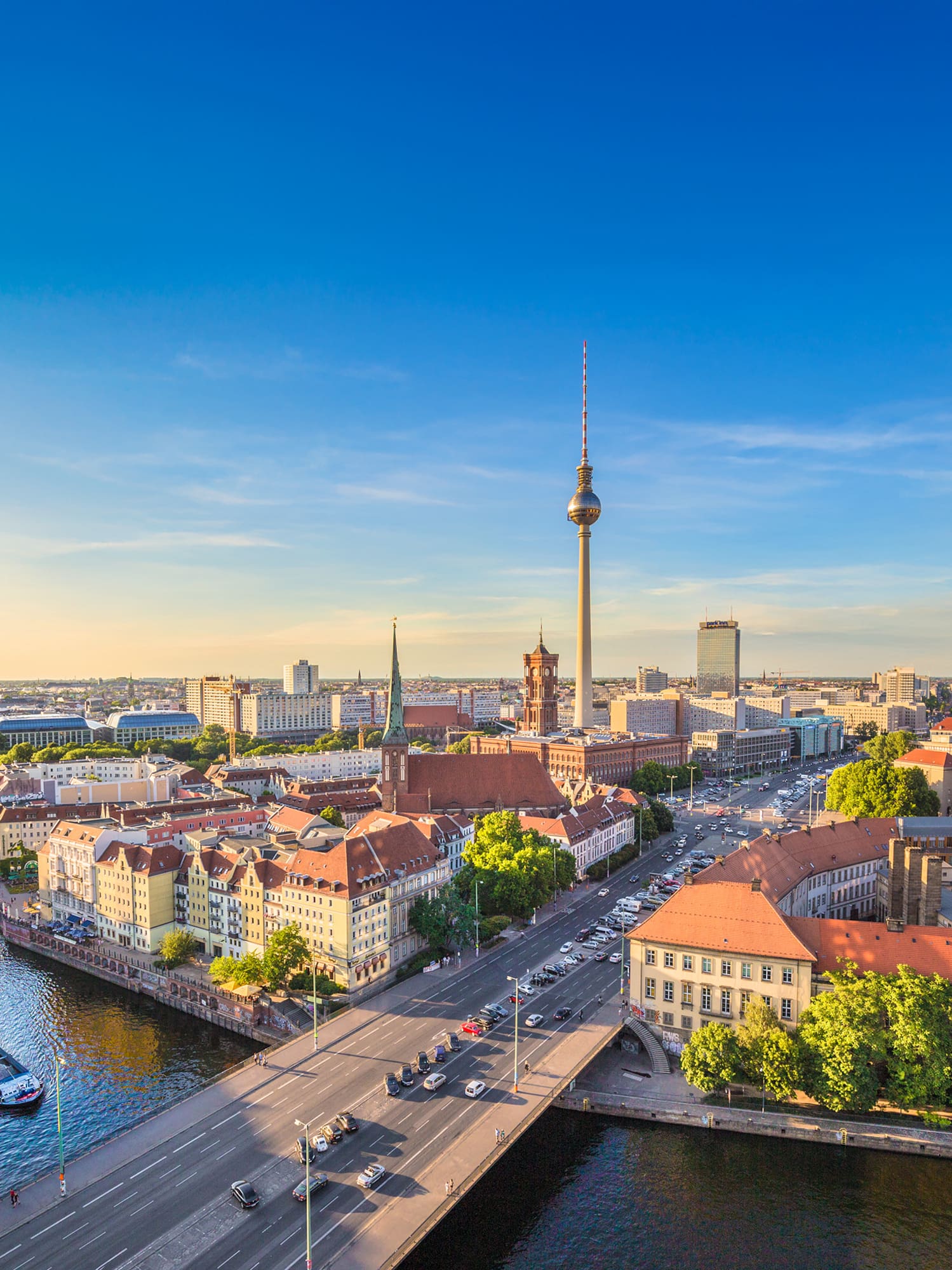 a city with a river and a bridge