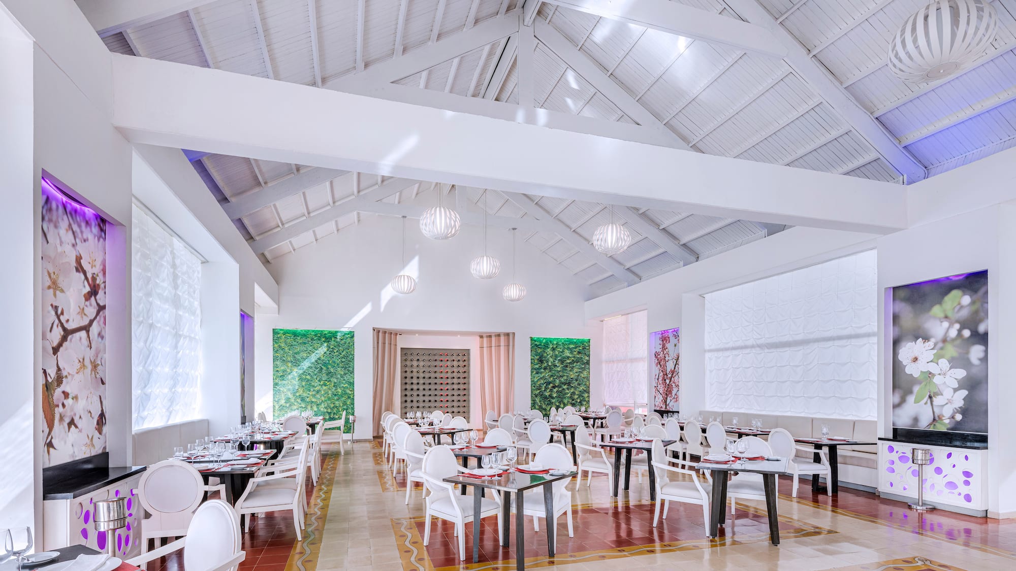 a room with tables and chairs