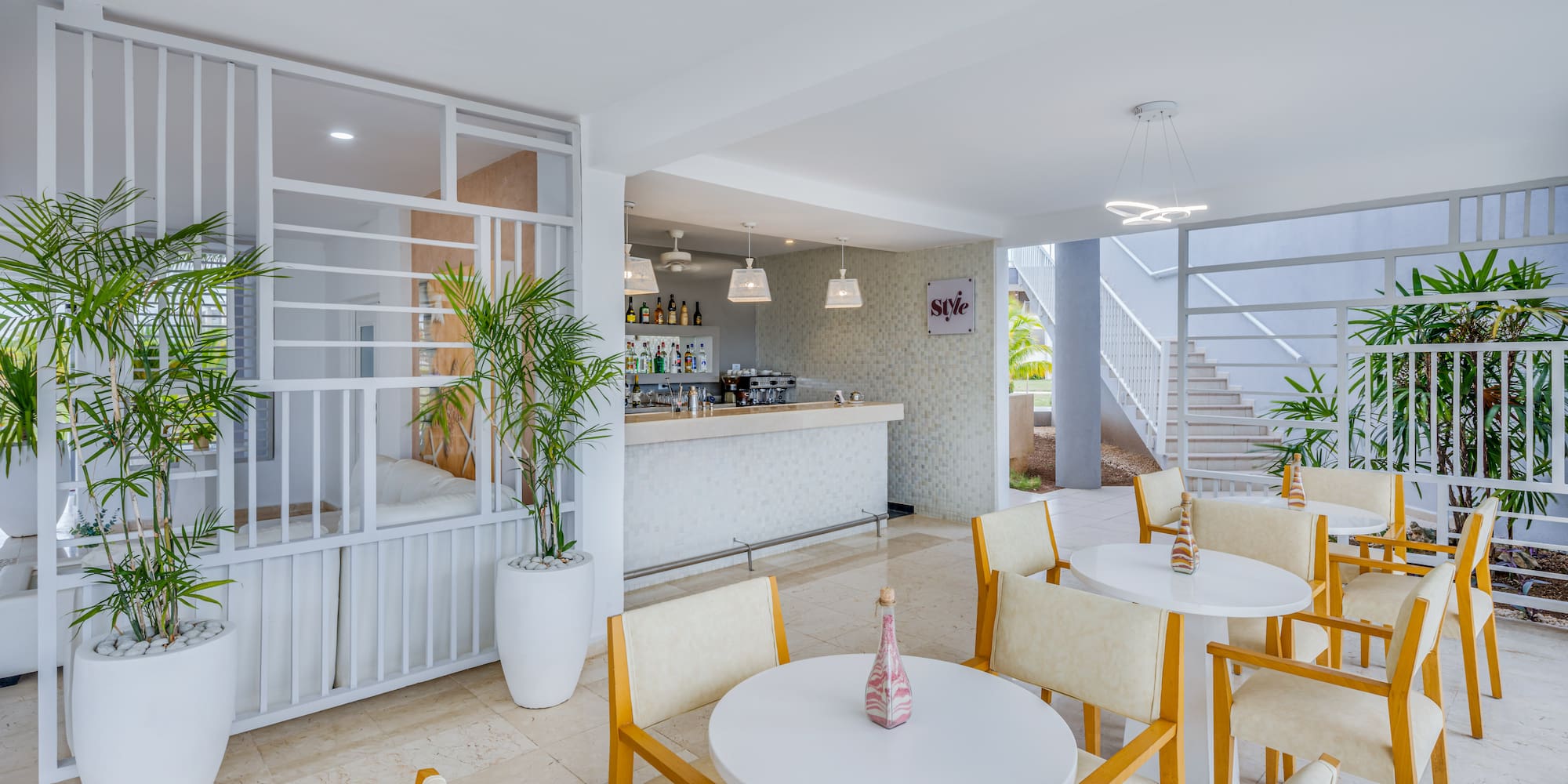 a room with tables and chairs