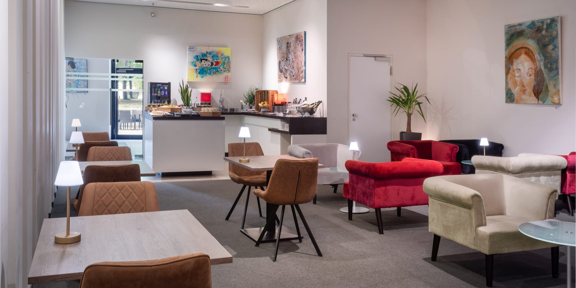 a room with chairs and tables