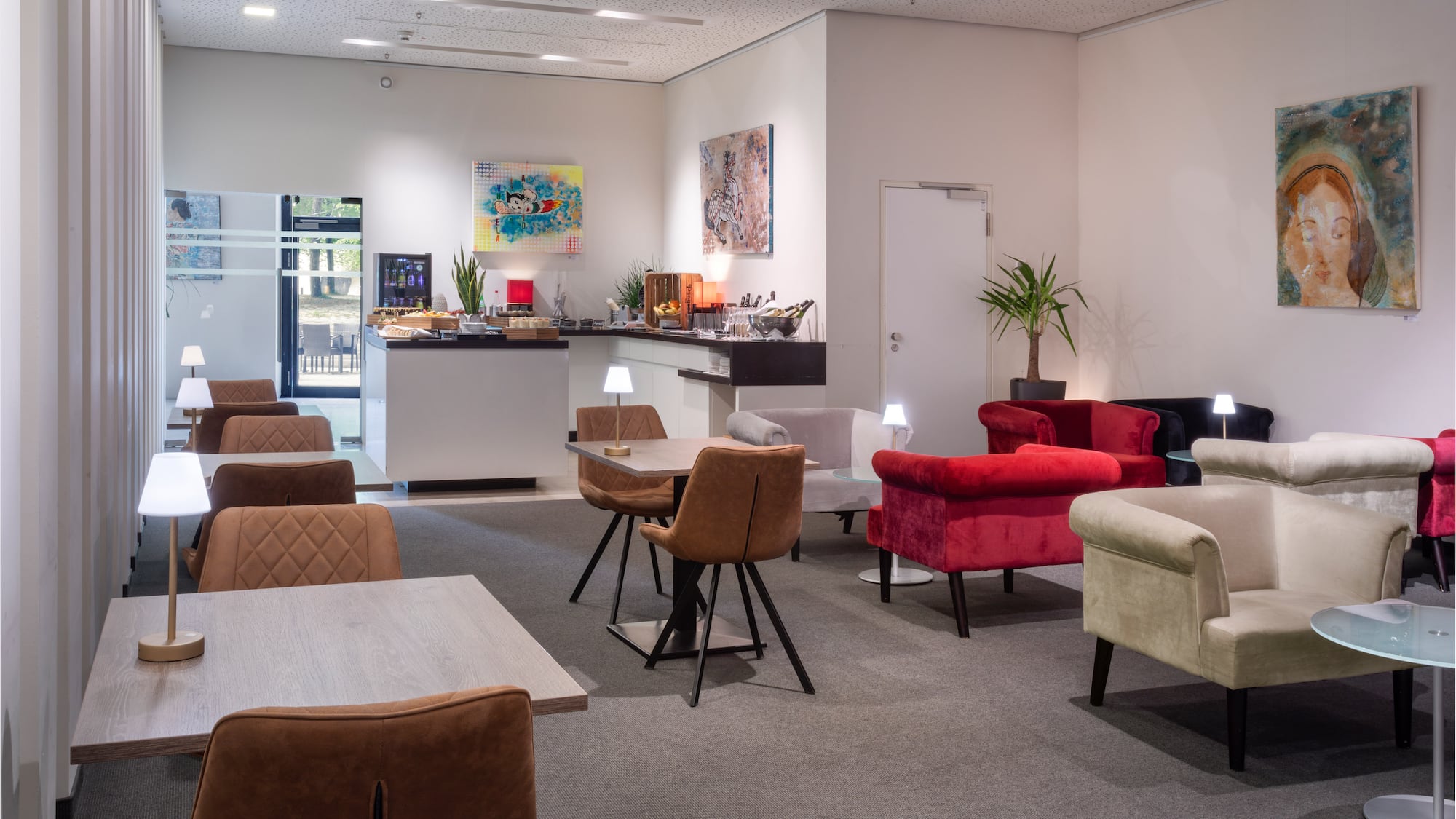 a room with chairs and tables