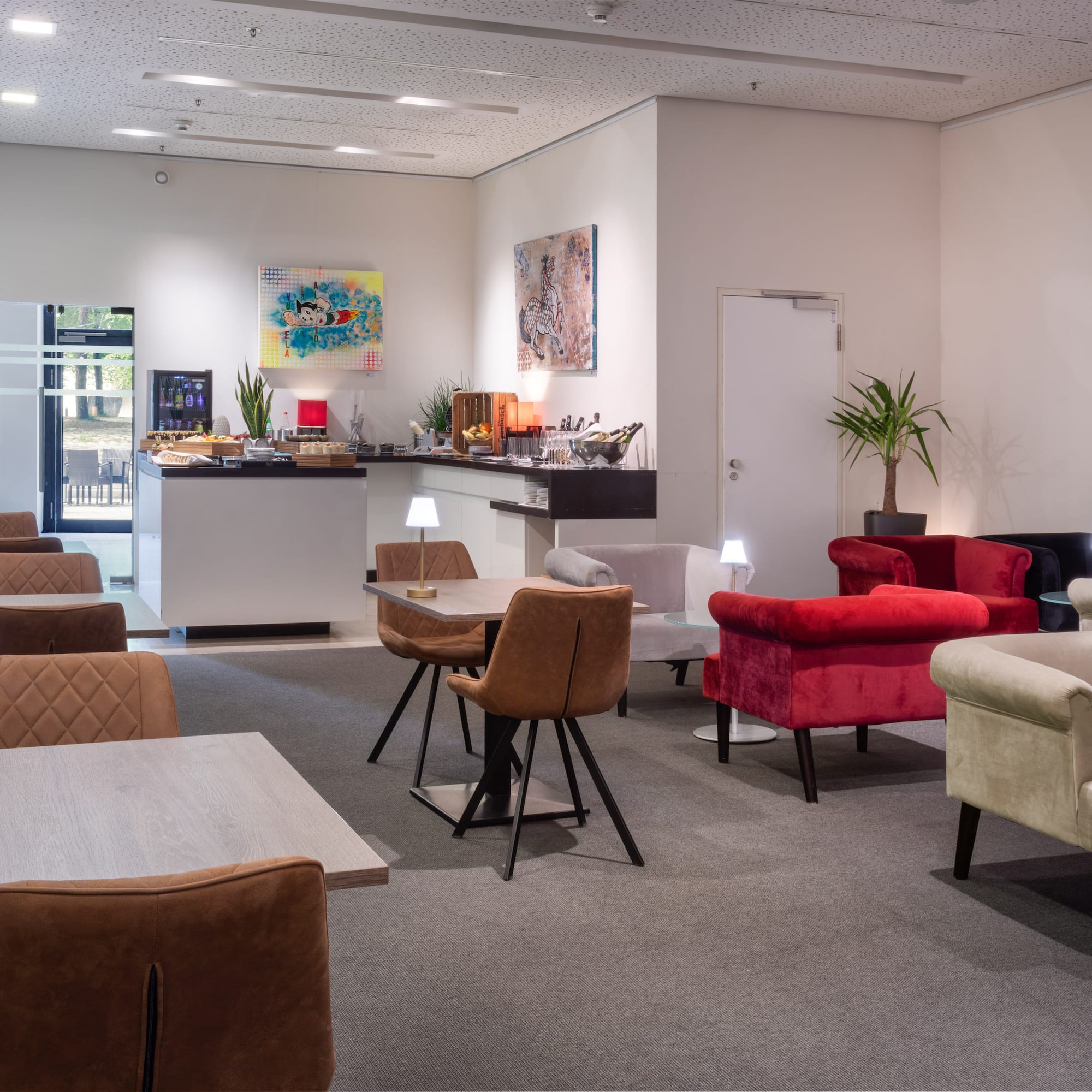 a room with chairs and tables