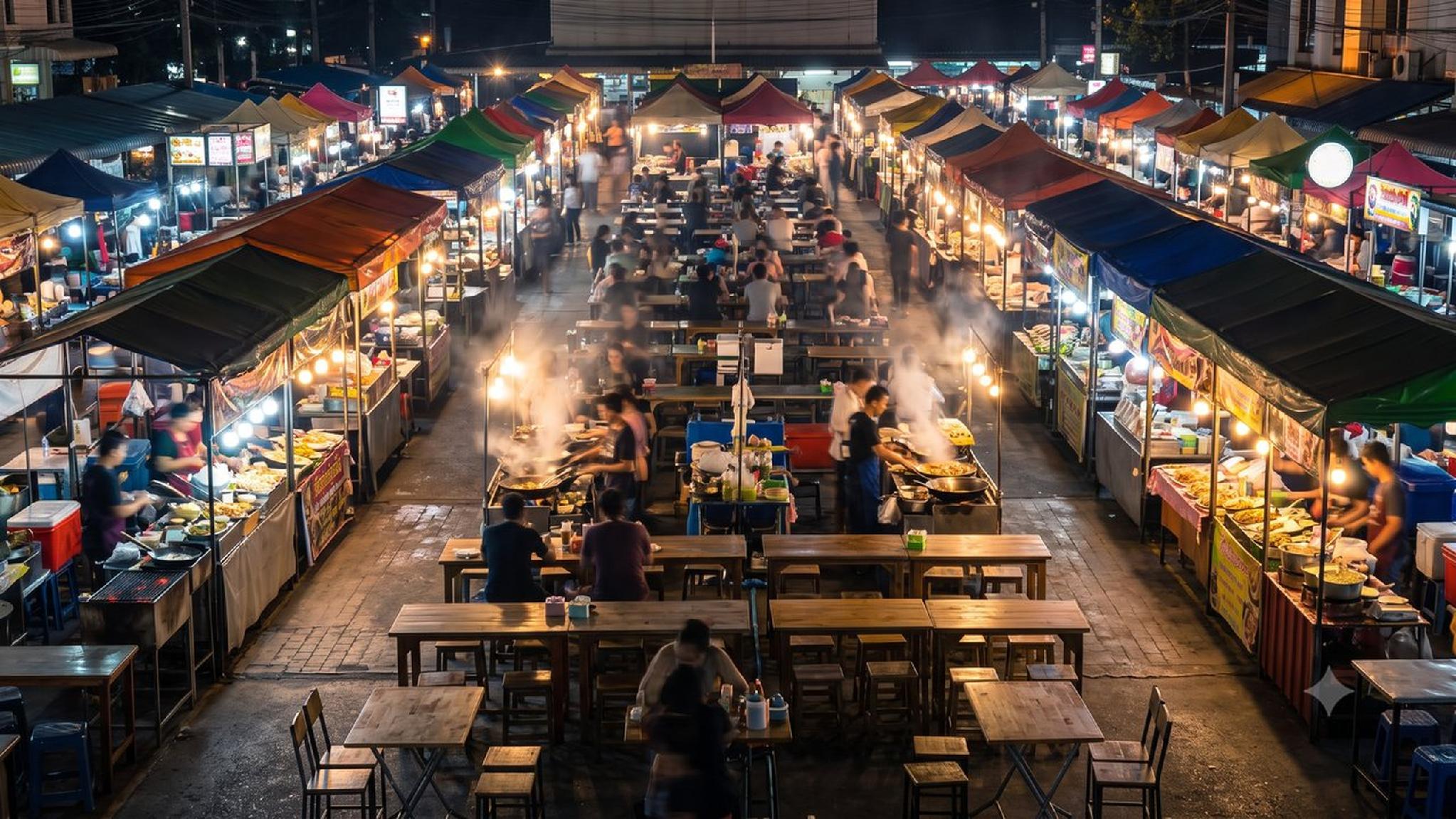 Bustling night market with colorful food stalls, bright lights, and cooking steam.