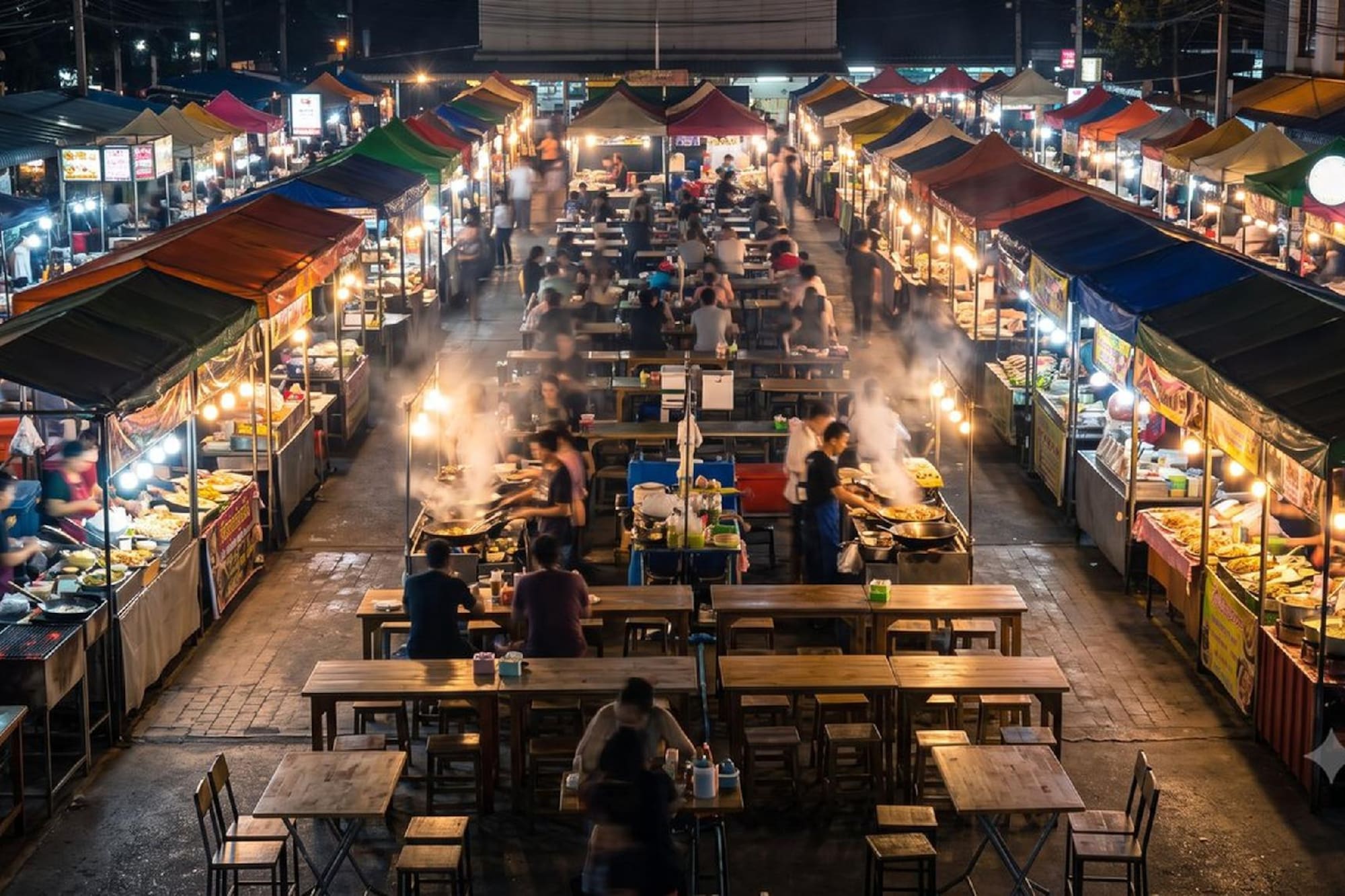 Bustling night market with colorful food stalls, bright lights, and cooking steam.