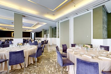 a room with tables and chairs