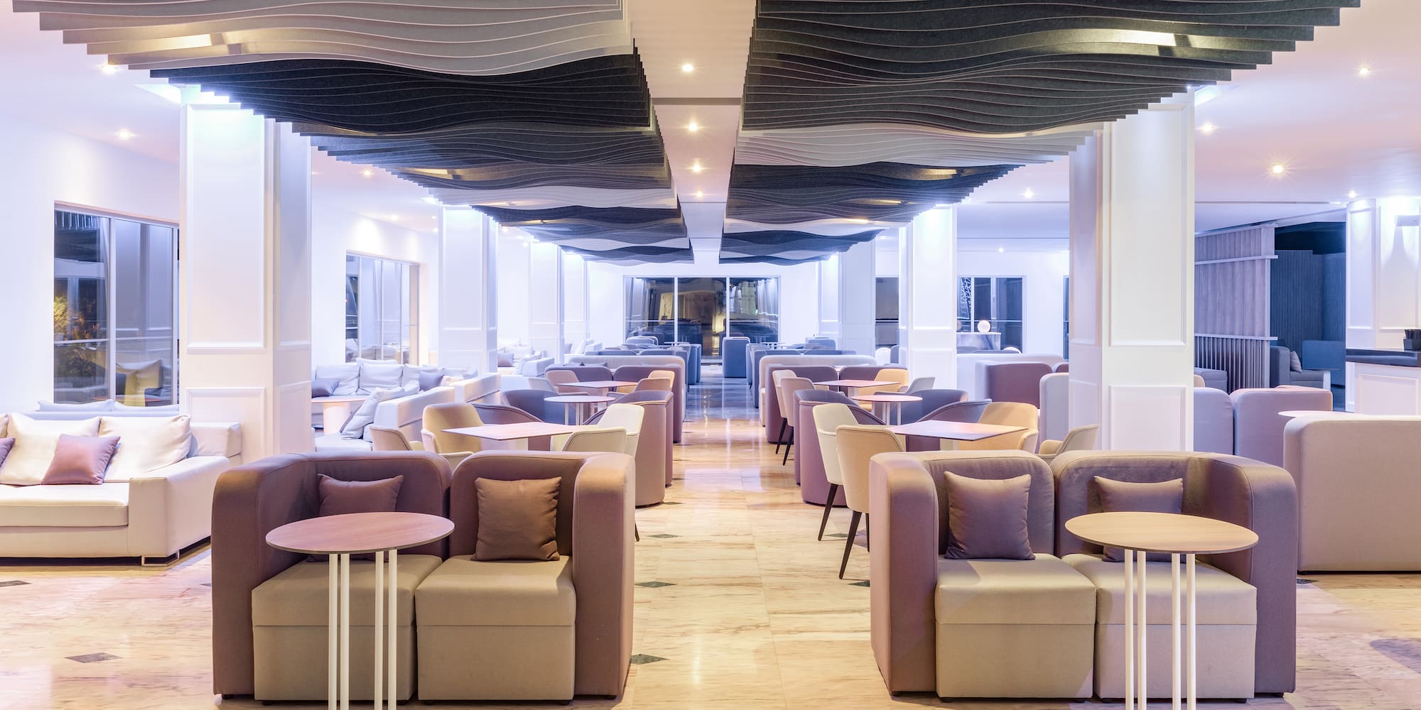 a room with tables and chairs