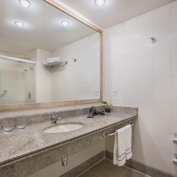 a bathroom with a large mirror and sink