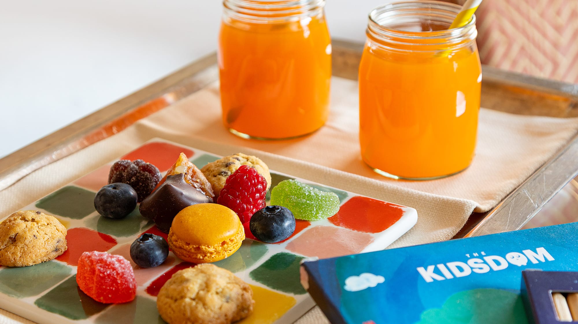 a tray with food and drinks on it