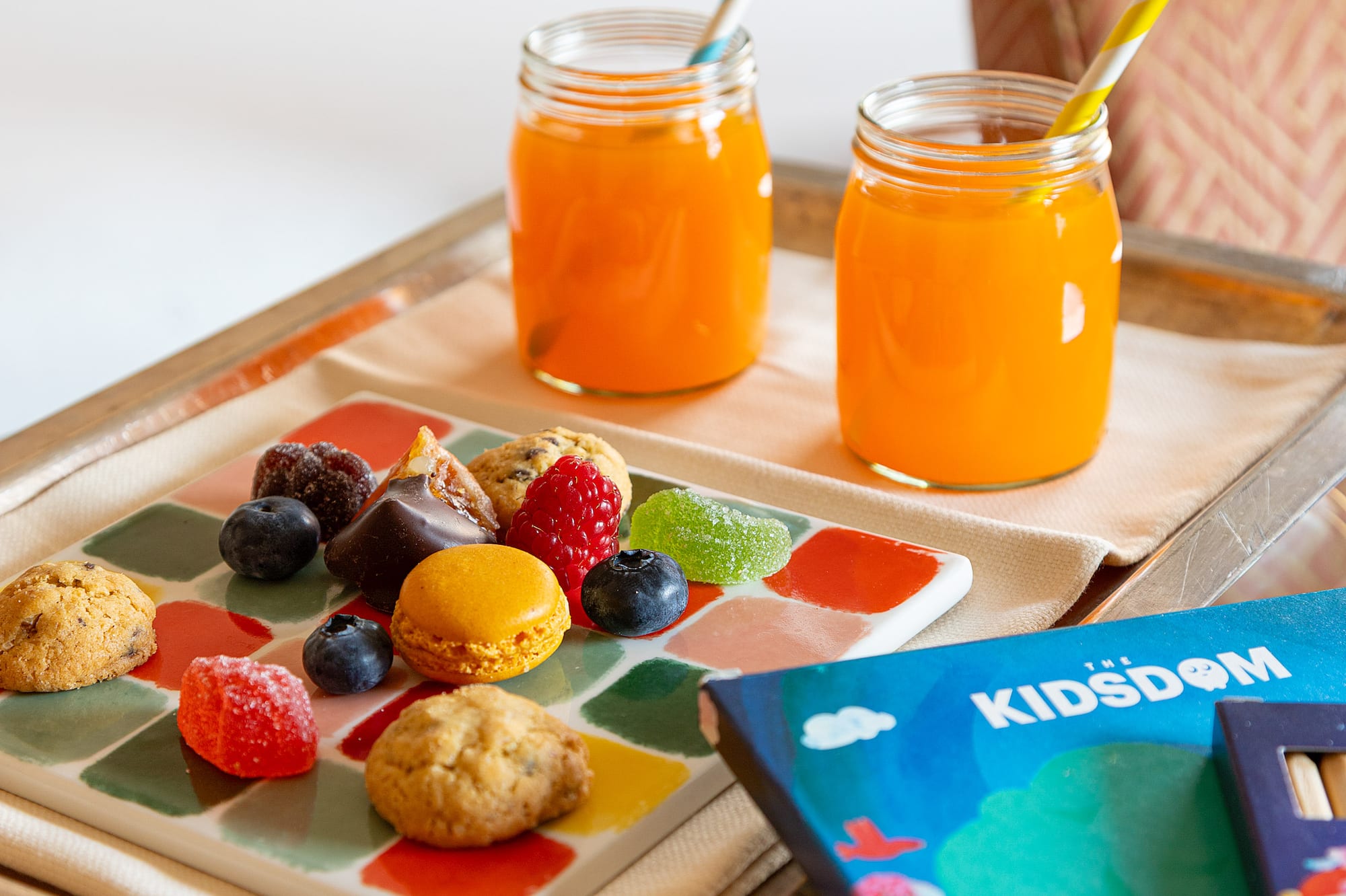 a tray with food and drinks on it