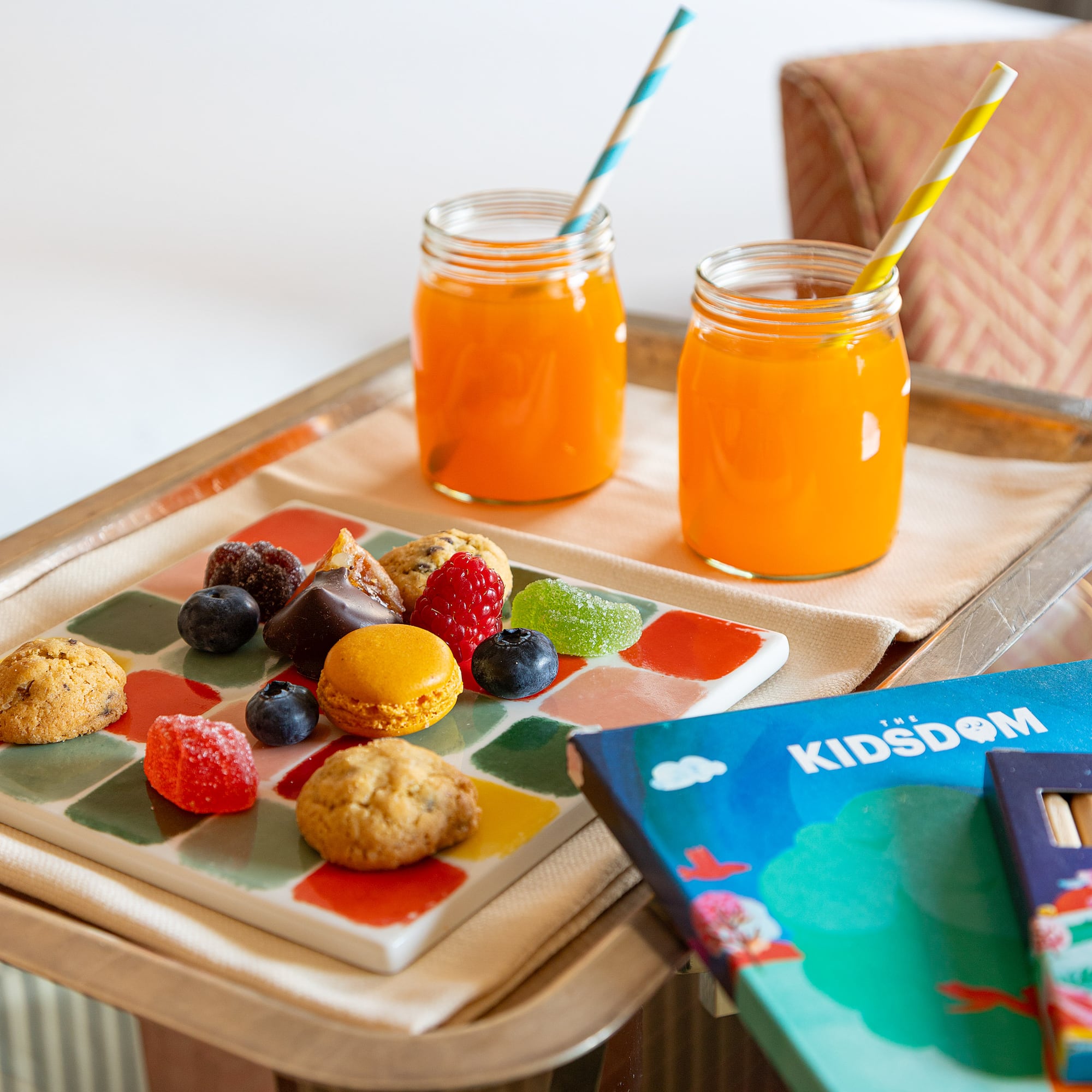a tray with food and drinks on it