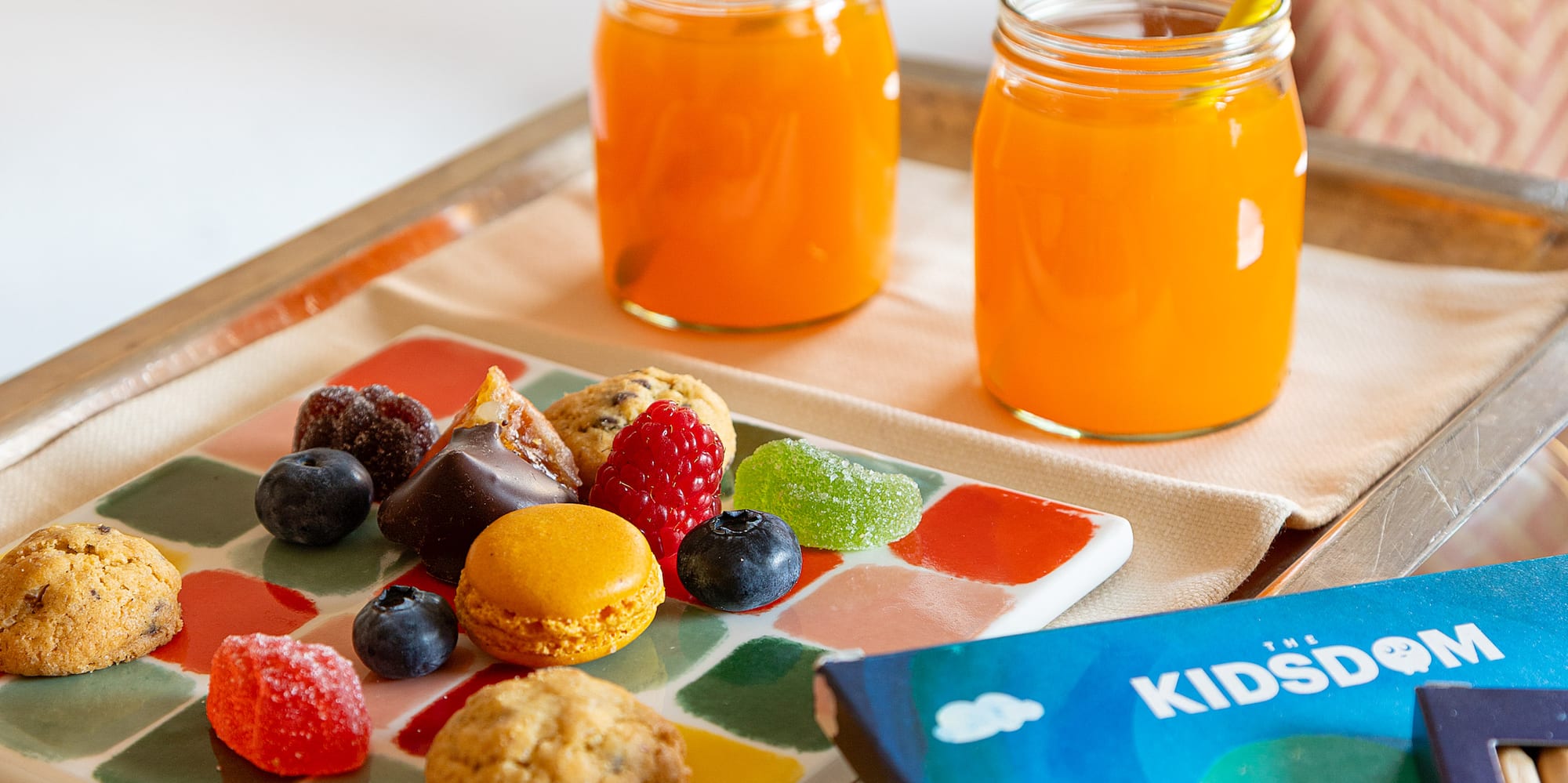 a tray with food and drinks on it