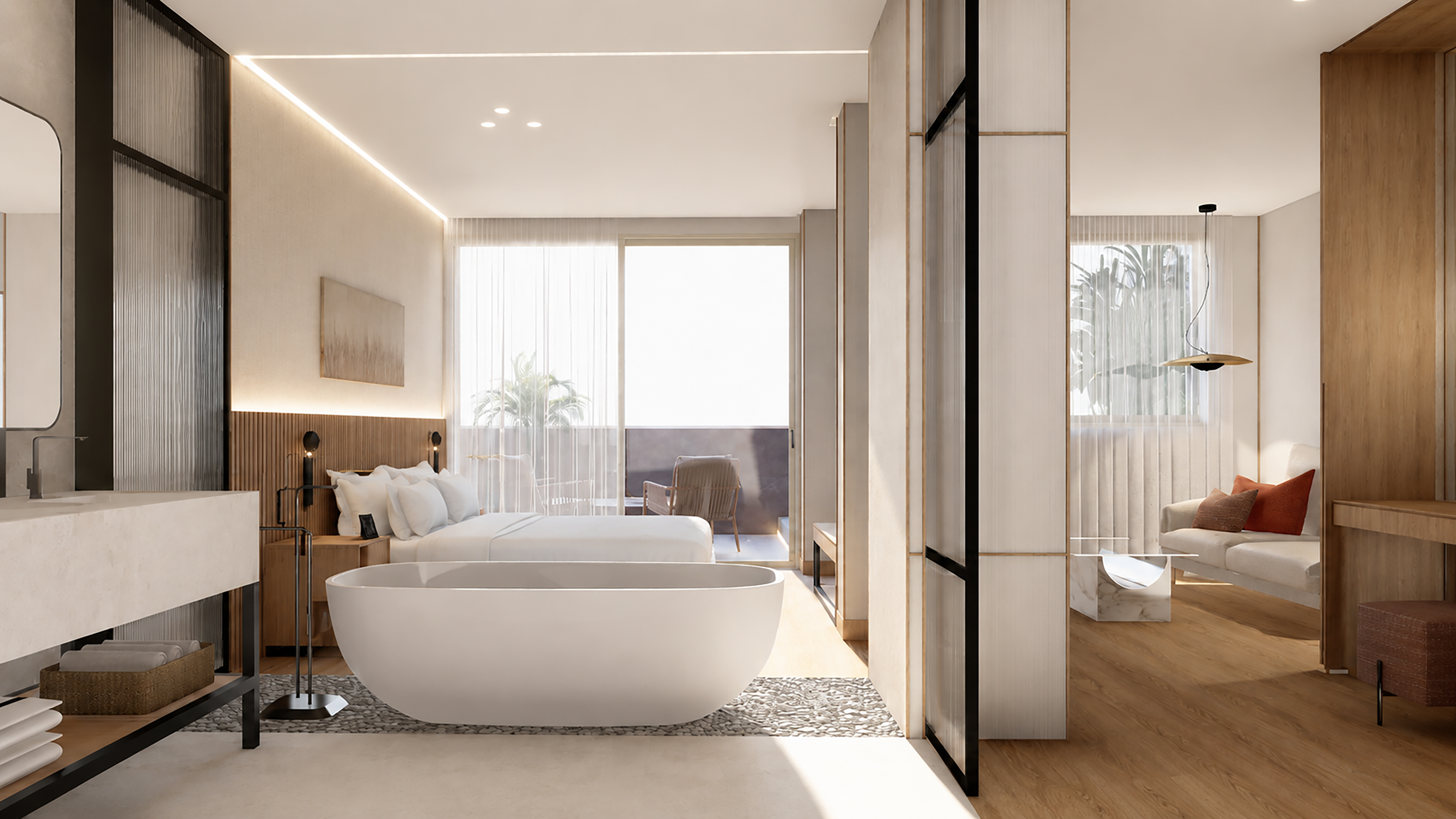 Modern luxury hotel suite with bedroom, freestanding tub, and balcony living area.