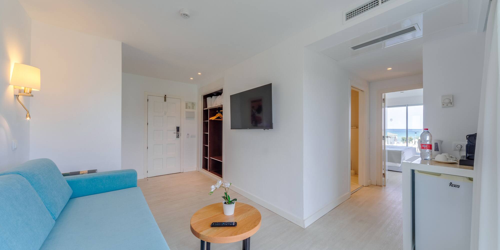 a room with a couch and a table