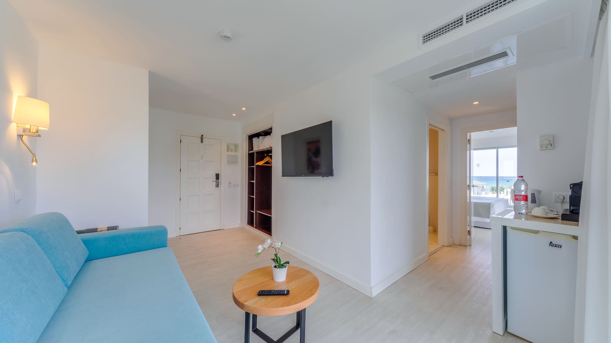 a room with a couch and a table