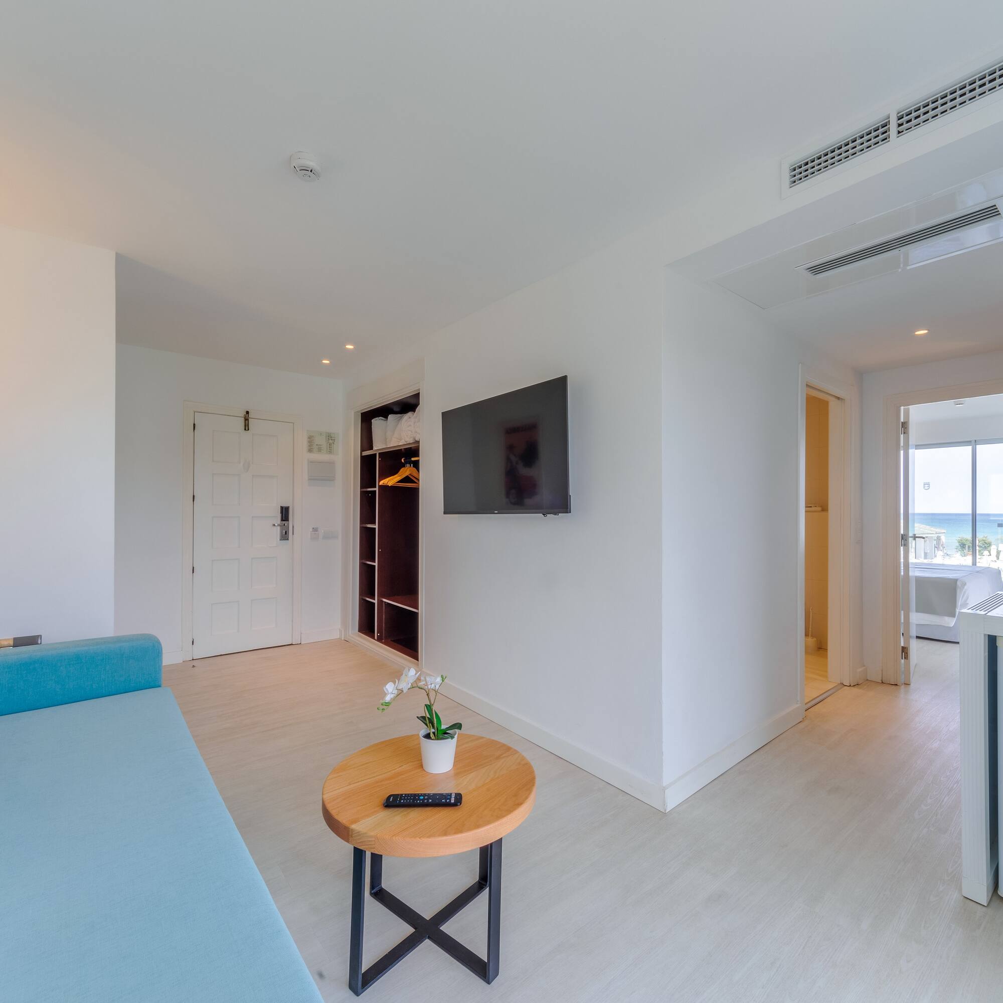 a room with a couch and a table