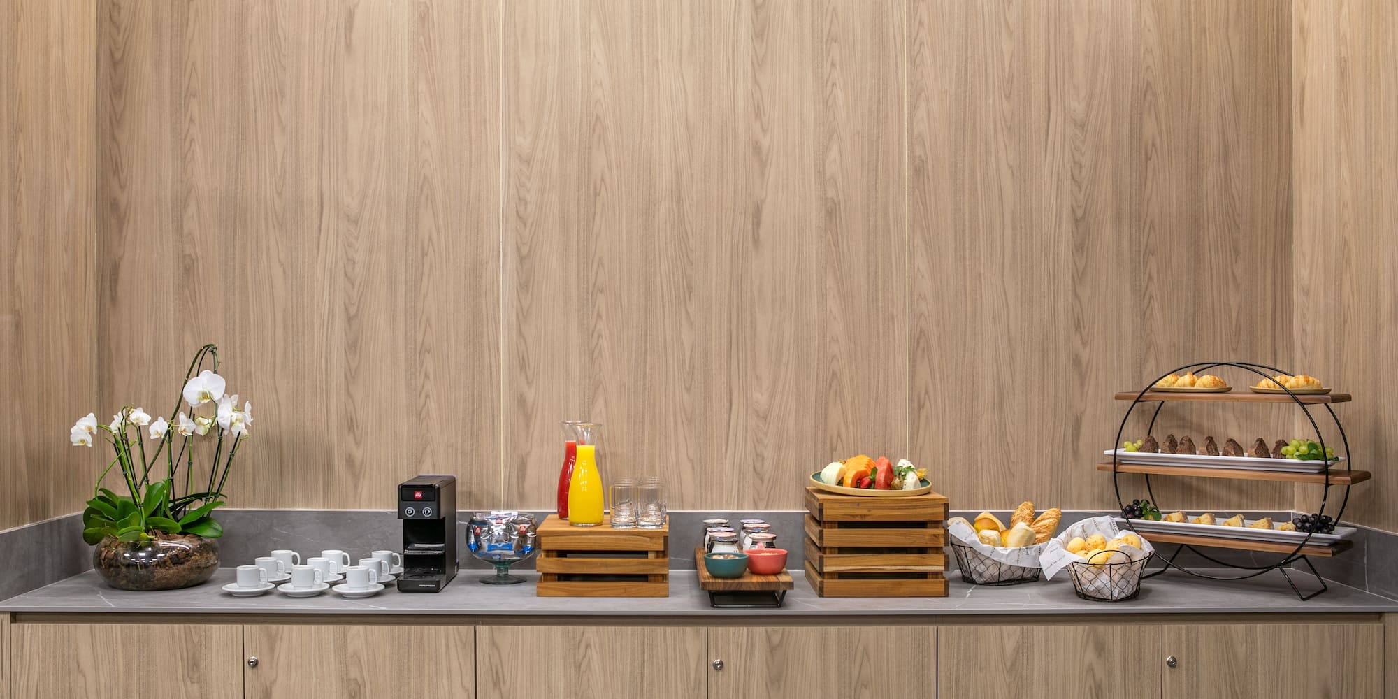 a buffet table with food and drinks