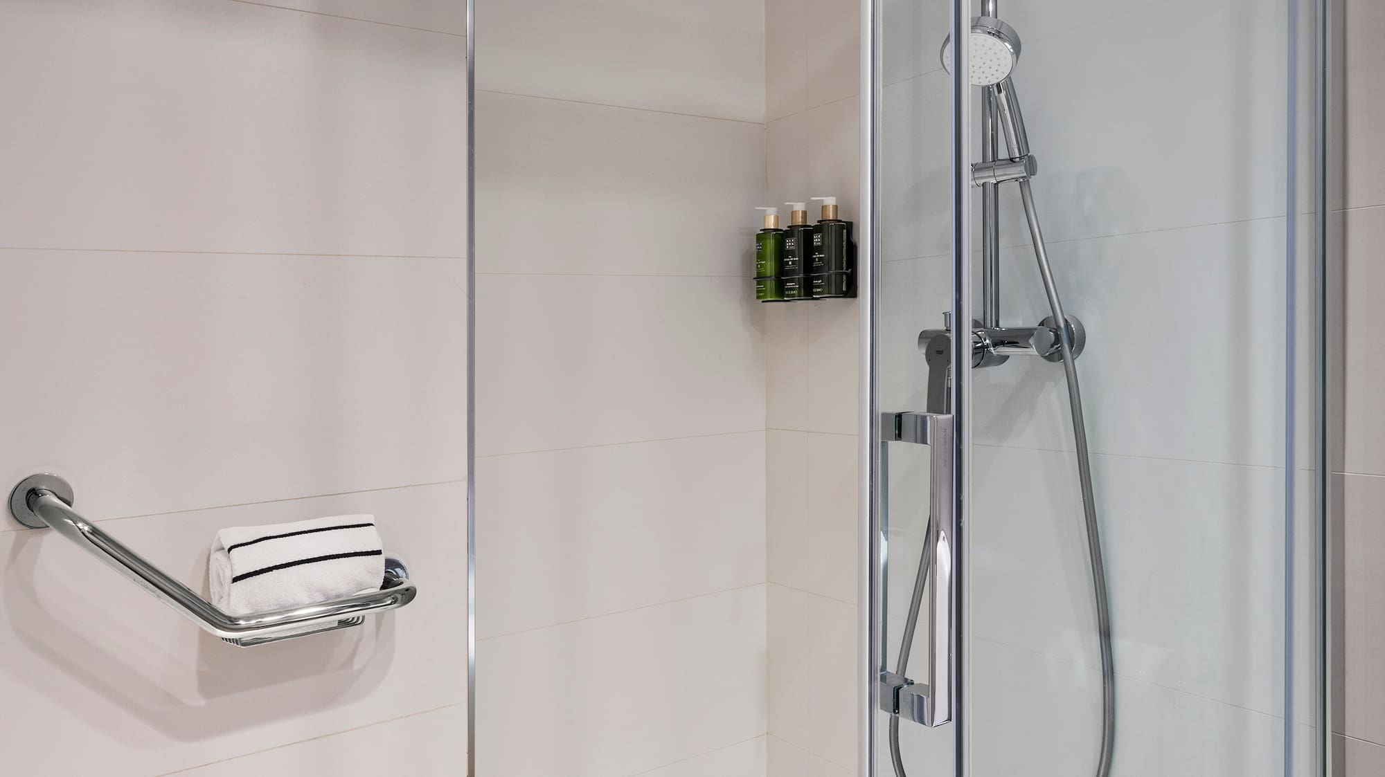 a shower with a glass door