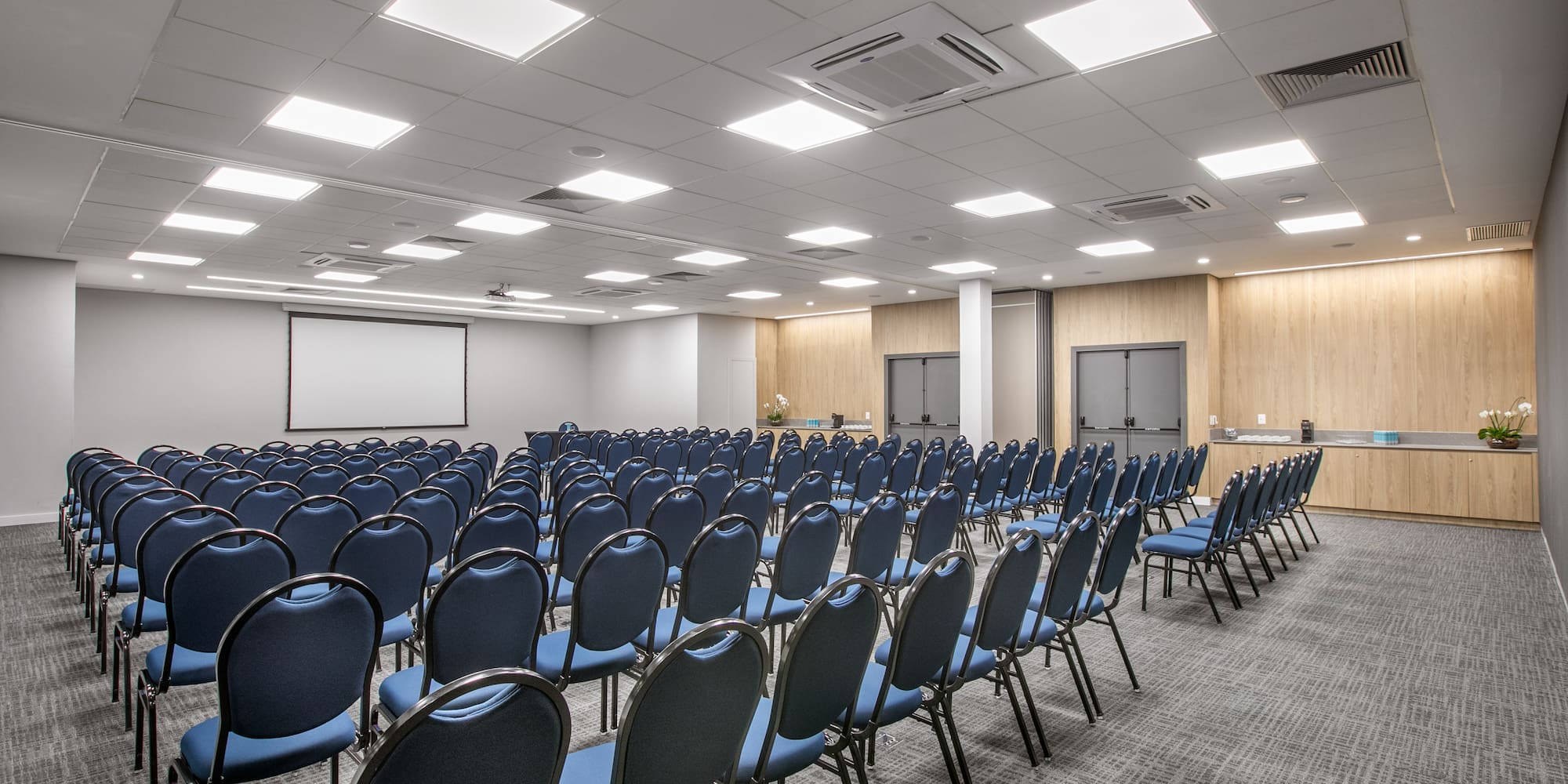 a room with rows of blue chairs