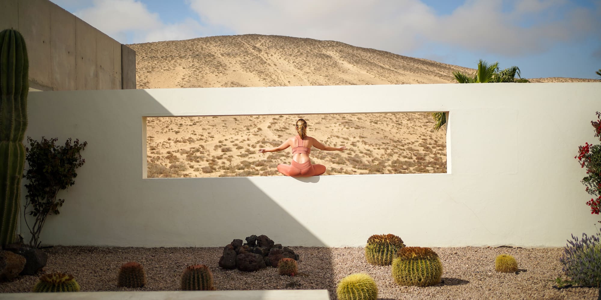 a woman sitting on a wall with cactuses in the background