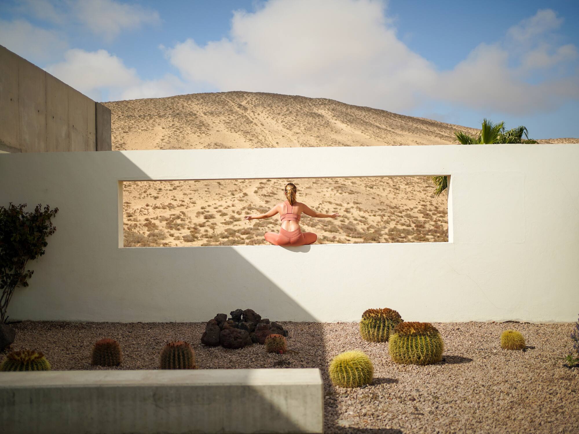 a woman sitting on a wall with cactuses in the background