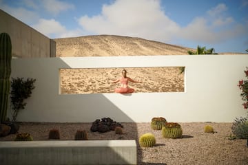 a woman sitting on a wall with cactuses in the background